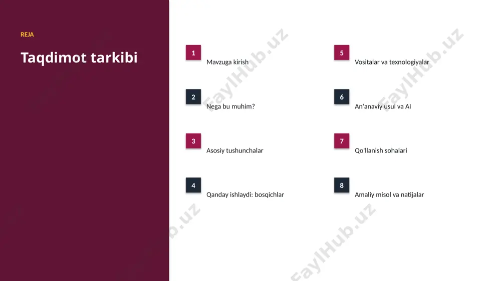 lik tashkiliy chaqiriqlar • kadrlar tanqisligi • integratsiya murakkabligi • etik va huquqiy masalalar • moslashish zarurati bozor statistika va tendensiyalar ▪ global ai bozori yiliga ~34% o'smoqda. ▪ kompaniyalarning 60% joriy etishni rejalashtirgan. ▪ investitsiyalar rekord darajada ortmoqda. ▪ marketing sohada talab tez oʻsmoqda. ▪ ai ko'nikmalariga ehtiyoj yuqori. kelajak kelajak istiqbollari ▪ agentlik va multimodal tizimlar keng tarqaladi. ▪ modellar samaradorligi va tejamkorligi oshadi. ▪ mahalliy va shaxsiylashtirilgan yechimlar ko'payadi. ▪ inson-ai hamkorligi chuqurlashadi. ▪ regulyatsiya va standartlar shakllanadi. xulosa xulosa va tavsiyalar ▪ diffuziya modellari bilan marketingni rivojlantirish — strategik ahamiyatga ega yo'nalish. ▪ ma'lumot sifati va etika muvaffaqiyat kaliti. ▪ bosqichma-bosqich joriy etish xavfni kamaytiradi. ▪ kadrlar malakasiga investitsiya zarur. ▪ doimiy monitoring va takomillashtirish talab etiladi. e'tiboringiz uchun rahmat! diffuziya modellari bilan marketingni rivojlantirish savollar & muhokama image1.jpg image2.jpg image3.jpg image4.jpg image5.jpg image6.jpg image7.jpg image8.jpg image9.jpg image10.jpg