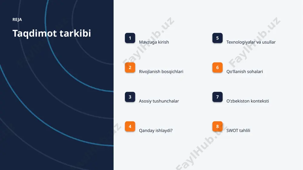 texnologiya texnologiyalar va usullar ▪ zamonaviy diffuziya modellari usullari aniqlikni sezilarli oshiradi. ▪ open-source modellar kirish toʻsigʻini pasaytiradi. ▪ shovqin va denoising optimallashtirilgan algoritmlar bilan ishlanadi. ▪ tayyor kutubxonalar (tensorflow, pytorch) ishlab chiqishni tezlashtiradi. ▪ bulutli platformalar masshtablash va tez joriy etishni taʼminlaydi. amaliyot qoʻllanish sohalari ▪ rasm yaratish — eng keng tarqalgan amaliy yoʻnalishlardan biri. ▪ video jarayonlarni tezlashtiradi va xatolarni kamaytiradi. ▪ audio yangi qiymat va xizmatlar yaratadi. ▪ 3d model resurslardan oqilona foydalanishga yordam beradi. ▪ psixologiya sohasida bu texnologiya raqobat ustunligini taʼminlaydi. mahalliy oʻzbekiston konteksti ▪ raqamli oʻzbekiston-2030 strategiyasi ai rivojini qoʻllab-quvvatlaydi. ▪ it-park va texnoparklar startaplar uchun sharoit yaratmoqda. ▪ universitetlarda ai yoʻnalishlari va kadrlar tayyorlanmoqda. ▪ psixologiya sohalarida pilot loyihalar joriy etilmoqda. ▪ mahalliy til uchun resurslar va modellar ishlab chiqilmoqda. swot tahlili kuchli tomonlar ■ yuqori aniqlik va tezlik ■ avtomatlashtirish imkoni ■ masshtablanuvchanlik ■ doimiy takomillashish imkoniyat va xavflar ■ yangi bozorlar …
