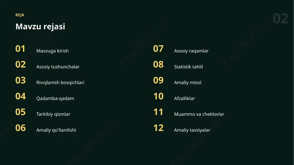 barqaror va aniq ishlashini ta'minlaydi. 12 afzalliklar asosiy afzalliklar ✓ mahsuldorlikni oshiradi ✓ hammaga qulay qiladi ✓ ijod va g'oyalarni boyitadi ✓ o'rganishni tezlashtiradi ✓ vaqtni sezilarli tejaydi 13 cheklovlar muammo va cheklovlar 01 ko'nikma va tajriba talabi 02 haddan tashqari ishonish xavfi 03 etika va mualliflik masalalari 04 ma'lumot sifatiga bog'liqlik 05 natijani tekshirish zarurati 06 maxfiylik va xavfsizlik 14 tavsiyalar amaliy tavsiyalar 01 maxfiylik va etikani unutmang 02 muntazam mashq qilib boring 03 kichik va aniq vazifadan boshlang 04 natijani har doim tekshiring 05 misollar va kontekstdan foydalaning “ sun'iy intellekt — inson imkoniyatlarini kuchaytiruvchi hamkor. xulosa asosiy xulosalar ▪ natijani doimo tanqidiy baholash zarur ▪ amaliyot va tajriba muvaffaqiyat kalitidir ▪ takrorlanuvchanlik zamonaviy ko'nikmalarning muhim qismidir ▪ to'g'ri usullar natija sifatini oshiradi rahmat! e'tiboringiz uchun tashakkur · takrorlanuvchanlik image1.jpg image2.jpg image3.jpg image4.jpg image5.jpg image6.jpg image7.png image8.jpg image9.jpg