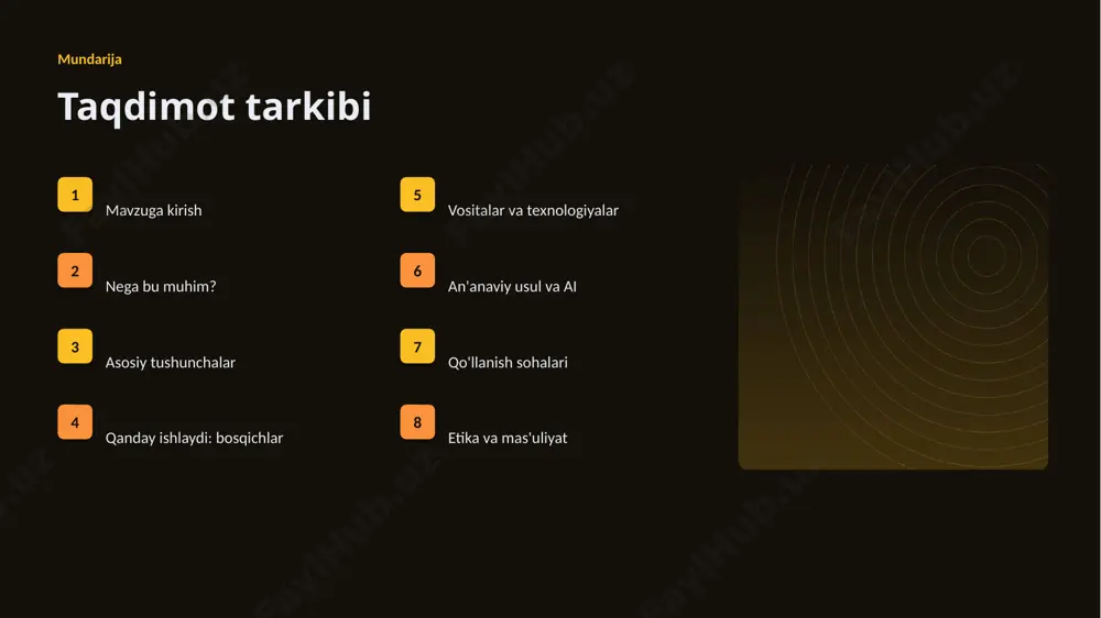 tartaplar uchun sharoit yaratadi. ▹ universitetlarda ai kadrlar tayyorlanmoqda. ▹ tarjima sohada pilot loyihalar bor. ▹ mahalliy til uchun resurslar ishlab chiqilmoqda. misol amaliy misol va natijalar ▹ loyihalarda generativ sunʼiy intellekt vaqtni 30-60% qisqartirgan. ▹ xarajatlar sezilarli kamaygan, sifat oshgan. ▹ aniqlik an'anaviy usullardan ustun kelgan. ▹ roi qisqa muddatda namoyon bo'lgan. ▹ mijozlar qoniqishi yuqori bo'lgan. afzallik asosiy afzalliklari 67% samaradorlik o'sishi 26% xarajat kamayishi 91% aniqlik darajasi muammo muammolar va cheklovlar texnik chaqiriqlar ▪ sifatli ma'lumot yetishmasligi ▪ yuqori hisoblash xarajati ▪ modelni izohlash qiyinligi ▪ xavfsizlik va barqarorlik tashkiliy chaqiriqlar ▪ kadrlar tanqisligi ▪ integratsiya murakkabligi ▪ etik va huquqiy masalalar ▪ moslashish zarurati bozor statistika va tendensiyalar ▹ global ai bozori yiliga ~31% o'smoqda. ▹ kompaniyalarning 56% joriy etishni rejalashtirgan. ▹ investitsiyalar rekord darajada ortmoqda. ▹ tarjima sohada talab tez oʻsmoqda. ▹ ai ko'nikmalariga ehtiyoj yuqori. kelajak kelajak istiqbollari ▹ agentlik va multimodal tizimlar keng …