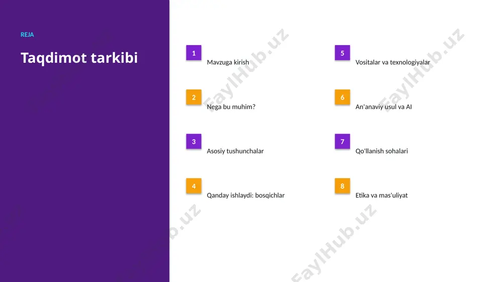 lar ishlab chiqilmoqda. “ sun'iy intellekt — vositadir; uning qiymati to'g'ri qo'llanishida. — mustahkamlovchi oʻrganish bilan jurnalistikani rivojlantirish afzallik asosiy afzalliklari 47% samaradorlik o'sishi 42% xarajat kamayishi 90% aniqlik darajasi muammo muammolar va cheklovlar texnik chaqiriqlar • sifatli ma'lumot yetishmasligi • yuqori hisoblash xarajati • modelni izohlash qiyinligi • xavfsizlik va barqarorlik tashkiliy chaqiriqlar • kadrlar tanqisligi • integratsiya murakkabligi • etik va huquqiy masalalar • moslashish zarurati bozor statistika va tendensiyalar ▪ global ai bozori yiliga ~27% o'smoqda. ▪ kompaniyalarning 57% joriy etishni rejalashtirgan. ▪ investitsiyalar rekord darajada ortmoqda. ▪ jurnalistika sohada talab tez oʻsmoqda. ▪ ai ko'nikmalariga ehtiyoj yuqori. kelajak kelajak istiqbollari ▪ agentlik va multimodal tizimlar keng tarqaladi. ▪ modellar samaradorligi va tejamkorligi oshadi. ▪ mahalliy va shaxsiylashtirilgan yechimlar ko'payadi. ▪ inson-ai hamkorligi chuqurlashadi. ▪ regulyatsiya va standartlar shakllanadi. xulosa xulosa va tavsiyalar ▪ mustahkamlovchi oʻrganish bilan jurnalistikani rivojlantirish — strategik ahamiyatga ega yo'nalish. ▪ ma'lumot sifati …