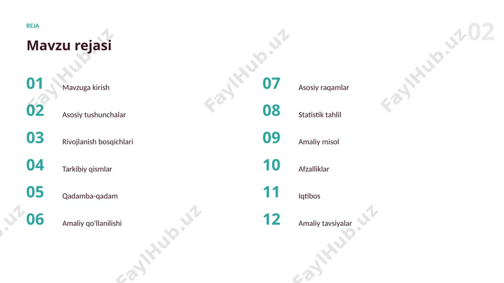 kli vositalarni chaqirib, natijani mustaqil yetkazib beradi. 12 afzalliklar asosiy afzalliklar ✓ natija sifatini oshiradi ✓ takroriy ishni avtomatlashtiradi ✓ o'rganishni tezlashtiradi ✓ ijod va g'oyalarni boyitadi ✓ mahsuldorlikni oshiradi “ to'g'ri vosita va usul natijani ikki barobar yaxshilaydi. 14 tavsiyalar amaliy tavsiyalar 01 kichik va aniq vazifadan boshlang 02 muntazam mashq qilib boring 03 bosqichma-bosqich takomillashtiring 04 natijani har doim tekshiring 05 misollar va kontekstdan foydalaning xulosa asosiy xulosalar ▪ agentlar kelajagi zamonaviy ko'nikmalarning muhim qismidir ▪ amaliyot va tajriba muvaffaqiyat kalitidir ▪ natijani doimo tanqidiy baholash zarur ▪ to'g'ri usullar natija sifatini oshiradi rahmat! e'tiboringiz uchun tashakkur · agentlar kelajagi: amaliy qo'llanma image1.jpg image2.jpg image3.jpg image4.jpg image5.jpg image6.png image7.jpg image8.jpg