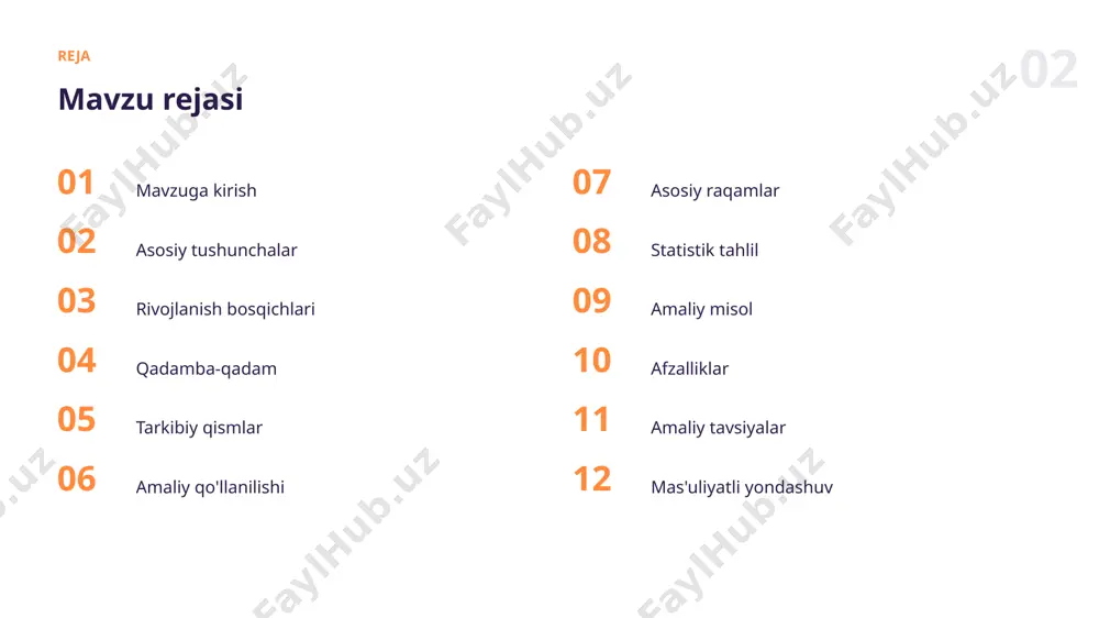 ydi sifatli, xilma-xil va to'g'ri belgilangan dataset modelning aniq va adolatli ishlashi uchun eng muhim omildir. 12 afzalliklar asosiy afzalliklar ✓ vaqtni sezilarli tejaydi ✓ ijod va g'oyalarni boyitadi ✓ takroriy ishni avtomatlashtiradi ✓ natija sifatini oshiradi ✓ xatolarni kamaytiradi 13 tavsiyalar amaliy tavsiyalar 01 natijani har doim tekshiring 02 kichik va aniq vazifadan boshlang 03 bosqichma-bosqich takomillashtiring 04 maxfiylik va etikani unutmang 05 misollar va kontekstdan foydalaning 14 mas'uliyat mas'uliyatli yondashuv ✓ shaffoflik va izohlanuvchanlik ✓ maxfiylik va xavfsizlik ✓ adolat va xolislik ✓ inson nazorati ✓ natijani tekshirish “ sun'iy intellekt — inson imkoniyatlarini kuchaytiruvchi hamkor. 16 cheklovlar muammo va cheklovlar 01 ma'lumot sifatiga bog'liqlik 02 natijani tekshirish zarurati 03 maxfiylik va xavfsizlik 04 haddan tashqari ishonish xavfi 05 cheklovlarni bilmaslik 06 noto'g'ri yoki noaniq natijalar 17 istiqbol kelajak istiqbollari ▪ hamma uchun ochiqlik ▪ kundalik ishga chuqur integratsiya ▪ yanada qulay va kuchli vositalar ▪ mas'uliyatli va …