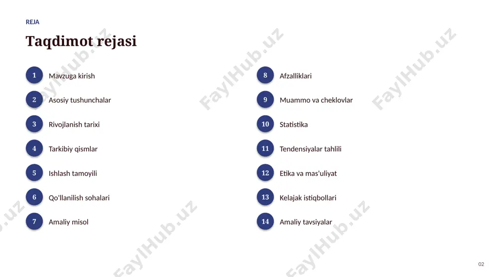 sintezi ▪ video va animatsiya yaratish ▪ kod yozish va yordam ▪ dizayn va prototip 08 amaliy misol amaliy misol va tahlil matndan tasvir yaratuvchi modellar oddiy so'zli tavsif asosida bir necha soniyada professional darajadagi rasm va illyustratsiyalar yaratadi. 09 afzalliklari asosiy afzalliklari ✓ 24/7 uzluksiz ishlash imkoniyati ✓ jarayonlarni tezlashtirish va avtomatlashtirish ✓ inson xatolarini sezilarli kamaytirish ✓ yangi imkoniyat va innovatsiyalarni ochish ✓ xarajatlarni optimallashtirish ✓ katta hajmdagi ma'lumotni tez tahlil qilish 10 muammolar muammo va cheklovlar 01 sifatli va yetarli ma'lumot zarurligi 02 natijalarning izohlanuvchanligi muammosi 03 algoritmik xolislik va adolat masalalari 04 etika va tartibga solish savollari 05 yuqori hisoblash resurslariga ehtiyoj 06 integratsiya va texnik murakkabliklar 11 statistika statistika va ko'rsatkichlar 2022 generativ ai portlashi yili 10x kontent yaratish tezligi 100m+ foydalanuvchilar qisqa vaqtda 12 tendensiyalar o'sish va tendensiyalar tahlili ko'rsatkichlar so'nggi yillarda barqaror o'sish tendensiyasini ko'rsatmoqda. 13 etika etika va mas'uliyatli yondashuv ▪ shaffoflik …