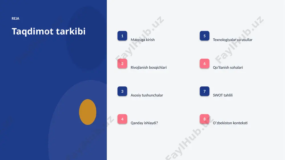 joriy etiladi. texnologiya texnologiyalar va usullar ▪ open-source modellar kirish toʻsigʻini pasaytiradi. ▪ tayyor kutubxonalar (tensorflow, pytorch) ishlab chiqishni tezlashtiradi. ▪ gpu/tpu akseleratorlari oʻqitish vaqtini qisqartiradi. ▪ zamonaviy mustahkamlovchi oʻrganish usullari aniqlikni sezilarli oshiradi. ▪ agent va muhit optimallashtirilgan algoritmlar bilan ishlanadi. amaliyot qoʻllanish sohalari ▪ oʻyinlar — eng keng tarqalgan amaliy yoʻnalishlardan biri. ▪ robototexnika jarayonlarni tezlashtiradi va xatolarni kamaytiradi. ▪ resurs boshqaruvi yangi qiymat va xizmatlar yaratadi. ▪ logistika resurslardan oqilona foydalanishga yordam beradi. ▪ moda sohasida bu texnologiya raqobat ustunligini taʼminlaydi. swot tahlili kuchli tomonlar ■ yuqori aniqlik va tezlik ■ avtomatlashtirish imkoni ■ masshtablanuvchanlik ■ doimiy takomillashish imkoniyat va xavflar ■ yangi bozorlar va xizmatlar ■ maʼlumot yetishmasligi xavfi ■ etik va huquqiy masalalar ■ malakali kadrlarga ehtiyoj mahalliy oʻzbekiston konteksti ▪ raqamli oʻzbekiston-2030 strategiyasi ai rivojini qoʻllab-quvvatlaydi. ▪ it-park va texnoparklar startaplar uchun sharoit yaratmoqda. ▪ universitetlarda ai yoʻnalishlari va kadrlar tayyorlanmoqda. ▪ moda sohalarida …
