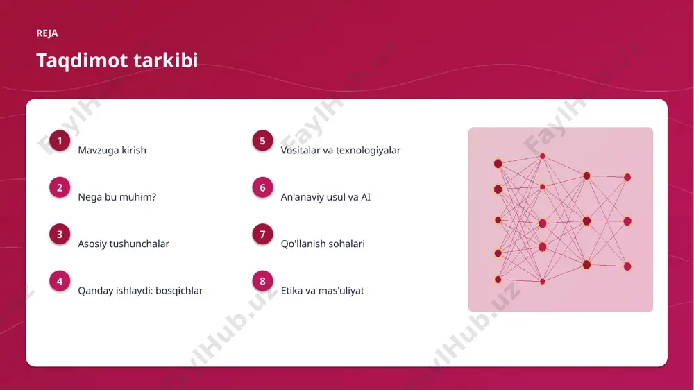 arajat kamayishi 97% aniqlik darajasi muammo muammolar va cheklovlar texnik chaqiriqlar • sifatli ma'lumot yetishmasligi • yuqori hisoblash xarajati • modelni izohlash qiyinligi • xavfsizlik va barqarorlik tashkiliy chaqiriqlar • kadrlar tanqisligi • integratsiya murakkabligi • etik va huquqiy masalalar • moslashish zarurati bozor statistika va tendensiyalar ▸ global ai bozori yiliga ~25% o'smoqda. ▸ kompaniyalarning 74% joriy etishni rejalashtirgan. ▸ investitsiyalar rekord darajada ortmoqda. ▸ sugʻurta sohada talab tez oʻsmoqda. ▸ ai ko'nikmalariga ehtiyoj yuqori. kelajak kelajak istiqbollari ▸ agentlik va multimodal tizimlar keng tarqaladi. ▸ modellar samaradorligi va tejamkorligi oshadi. ▸ mahalliy va shaxsiylashtirilgan yechimlar ko'payadi. ▸ inson-ai hamkorligi chuqurlashadi. ▸ regulyatsiya va standartlar shakllanadi. xulosa xulosa va tavsiyalar ▸ nega sugʻurtada sun'iy intellekt kerak? — strategik ahamiyatga ega yo'nalish. ▸ ma'lumot sifati va etika muvaffaqiyat kaliti. ▸ bosqichma-bosqich joriy etish xavfni kamaytiradi. ▸ kadrlar malakasiga investitsiya zarur. ▸ doimiy monitoring va takomillashtirish talab etiladi. e'tiboringiz uchun rahmat! …