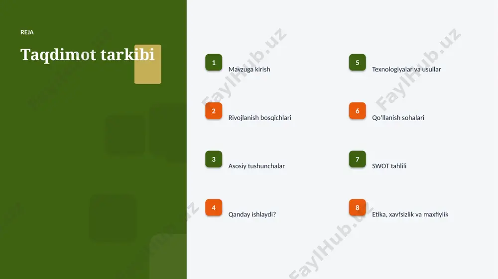 amaliyotga joriy etiladi. texnologiya texnologiyalar va usullar ▪ open-source modellar kirish toʻsigʻini pasaytiradi. ▪ zamonaviy federativ oʻrganish usullari aniqlikni sezilarli oshiradi. ▪ markazlashmagan va maxfiylik optimallashtirilgan algoritmlar bilan ishlanadi. ▪ bulutli platformalar masshtablash va tez joriy etishni taʼminlaydi. ▪ gpu/tpu akseleratorlari oʻqitish vaqtini qisqartiradi. amaliyot qoʻllanish sohalari ▪ mobil qurilmalar — eng keng tarqalgan amaliy yoʻnalishlardan biri. ▪ tibbiyot jarayonlarni tezlashtiradi va xatolarni kamaytiradi. ▪ moliya yangi qiymat va xizmatlar yaratadi. ▪ maxfiy maʼlumot resurslardan oqilona foydalanishga yordam beradi. ▪ mudofaa sohasida bu texnologiya raqobat ustunligini taʼminlaydi. swot tahlili kuchli tomonlar ■ yuqori aniqlik va tezlik ■ avtomatlashtirish imkoni ■ masshtablanuvchanlik ■ doimiy takomillashish imkoniyat va xavflar ■ yangi bozorlar va xizmatlar ■ maʼlumot yetishmasligi xavfi ■ etik va huquqiy masalalar ■ malakali kadrlarga ehtiyoj etika etika, xavfsizlik va maxfiylik ▪ maʼlumotlar maxfiyligi va shaxsiy axborot himoyasi ustuvor. ▪ algoritmik noxolislik (bias) nazorat qilinishi shart. ▪ qarorlar shaffof va tushuntiriladigan …