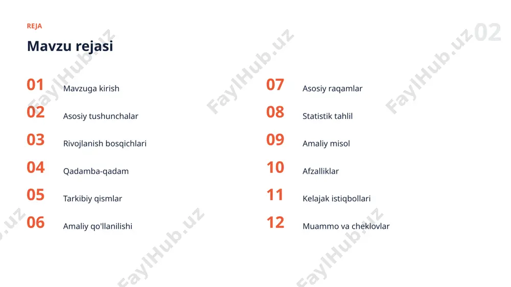 l ishlab chiqarishga olib chiqib, uning barqaror va aniq ishlashini ta'minlaydi. 12 afzalliklar asosiy afzalliklar ✓ takroriy ishni avtomatlashtiradi ✓ mahsuldorlikni oshiradi ✓ ijod va g'oyalarni boyitadi ✓ hammaga qulay qiladi ✓ vaqtni sezilarli tejaydi 13 istiqbol kelajak istiqbollari ▪ hamma uchun ochiqlik ▪ mas'uliyatli va xavfsiz qo'llash ▪ kundalik ishga chuqur integratsiya ▪ shaxsiylashtirilgan yechimlar ▪ avtonom va aqlli yordamchilar 14 cheklovlar muammo va cheklovlar 01 maxfiylik va xavfsizlik 02 ma'lumot sifatiga bog'liqlik 03 haddan tashqari ishonish xavfi 04 noto'g'ri yoki noaniq natijalar 05 ko'nikma va tajriba talabi 06 natijani tekshirish zarurati 15 mas'uliyat mas'uliyatli yondashuv ✓ shaffoflik va izohlanuvchanlik ✓ maxfiylik va xavfsizlik ✓ adolat va xolislik ✓ inson nazorati ✓ natijani tekshirish “ to'g'ri vosita va usul natijani ikki barobar yaxshilaydi. 17 tavsiyalar amaliy tavsiyalar 01 natijani har doim tekshiring 02 muntazam mashq qilib boring 03 bosqichma-bosqich takomillashtiring 04 kichik va aniq vazifadan boshlang 05 maxfiylik va …
