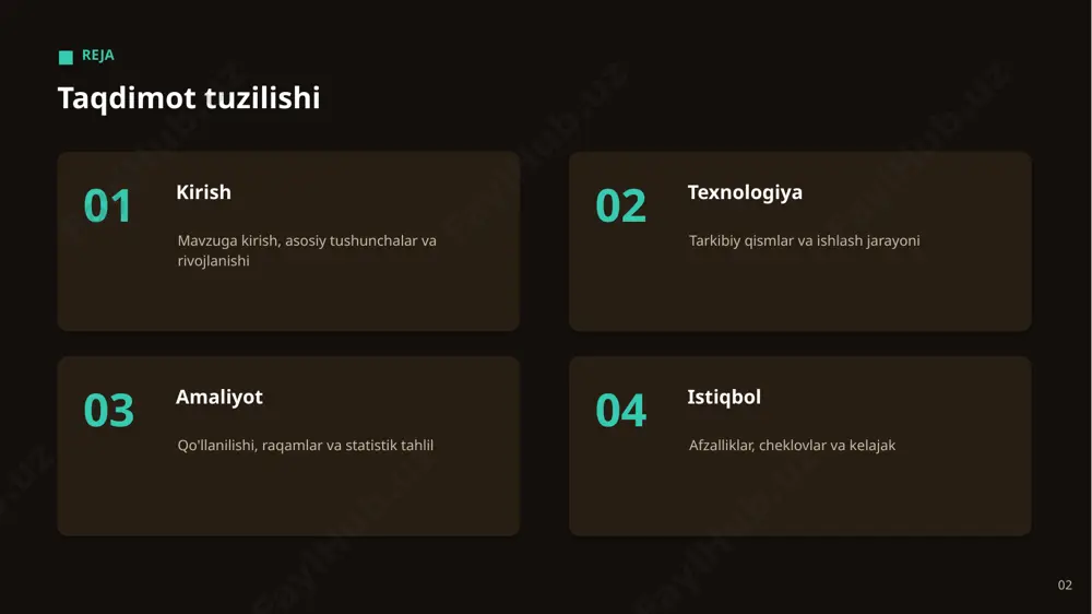 istiqbol 12 afzalliklar asosiy afzalliklar + mijoz va foydalanuvchi tajribasini yaxshilash + yangi xizmat va imkoniyatlar yaratish + operatsion samaradorlikni sezilarli oshirish + xavf va xatolarni kamaytirish + aniqroq va tezroq qarorlar qabul qilish + xarajatlarni optimallashtirish 13 istiqbol kelajak istiqbollari ▪ sohaga keng va chuqur integratsiya ▪ arzon va qulay yechimlarning tarqalishi ▪ inson va ai hamkorligining kuchayishi ▪ real vaqtdagi qarorlarning kengayishi ▪ yanada aniq va avtonom tizimlar 14 tavsiyalar amaliy tavsiyalar 1 jamoa malakasini muntazam oshiring 2 ma'lumotlar sifati va infratuzilmaga e'tibor bering 3 maxfiylik va etikani dastlabdan rejalashtiring 4 pilot loyiha bilan boshlab, keyin kengaytiring 5 natijalarni doimiy o'lchab boring 15 “ to'g'ri qo'llangan sun'iy intellekt raqobat ustunligiga aylanadi. 16 cheklovlar muammo va cheklovlar 01 etika va tartibga solish talablari 02 integratsiya va texnik murakkablik 03 yuqori boshlang'ich investitsiya 04 mavjud jarayonlarga moslashtirish 05 malakali kadrlar tanqisligi 06 natijalarning ishonchliligi va tushunarliligi 17 mas'uliyat etika va …