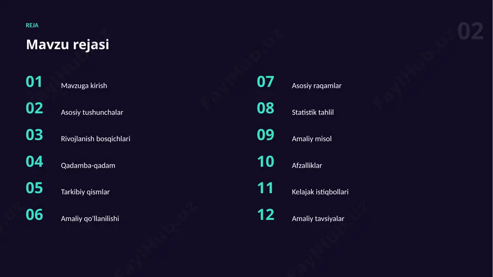 ilangan dataset modelning aniq va adolatli ishlashi uchun eng muhim omildir. 12 afzalliklar asosiy afzalliklar ✓ mahsuldorlikni oshiradi ✓ ijod va g'oyalarni boyitadi ✓ xatolarni kamaytiradi ✓ vaqtni sezilarli tejaydi ✓ o'rganishni tezlashtiradi 13 istiqbol kelajak istiqbollari ▪ shaxsiylashtirilgan yechimlar ▪ avtonom va aqlli yordamchilar ▪ hamma uchun ochiqlik ▪ kundalik ishga chuqur integratsiya ▪ yanada qulay va kuchli vositalar 14 tavsiyalar amaliy tavsiyalar 01 natijani har doim tekshiring 02 muntazam mashq qilib boring 03 bosqichma-bosqich takomillashtiring 04 kichik va aniq vazifadan boshlang 05 misollar va kontekstdan foydalaning 15 cheklovlar muammo va cheklovlar 01 ma'lumot sifatiga bog'liqlik 02 maxfiylik va xavfsizlik 03 noto'g'ri yoki noaniq natijalar 04 ko'nikma va tajriba talabi 05 cheklovlarni bilmaslik 06 natijani tekshirish zarurati “ sun'iy intellekt — inson imkoniyatlarini kuchaytiruvchi hamkor. xulosa asosiy xulosalar ▪ dataset yig'ish zamonaviy ko'nikmalarning muhim qismidir ▪ bu ko'nikma kelajakda yanada qadrlanadi ▪ natijani doimo tanqidiy baholash zarur ▪ amaliyot …