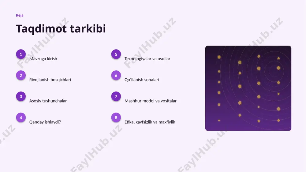 di. ▸ 5-bosqich: ogohlantirish — yechim amaliyotga joriy etiladi. texnologiya texnologiyalar va usullar ▸ bulutli platformalar masshtablash va tez joriy etishni taʼminlaydi. ▸ chetlanish va normal naqsh optimallashtirilgan algoritmlar bilan ishlanadi. ▸ open-source modellar kirish toʻsigʻini pasaytiradi. ▸ zamonaviy anomaliyani aniqlash usullari aniqlikni sezilarli oshiradi. ▸ tayyor kutubxonalar (tensorflow, pytorch) ishlab chiqishni tezlashtiradi. amaliyot qoʻllanish sohalari ▸ firibgarlik — eng keng tarqalgan amaliy yoʻnalishlardan biri. ▸ kiberxavfsizlik jarayonlarni tezlashtiradi va xatolarni kamaytiradi. ▸ sanoat nazorati yangi qiymat va xizmatlar yaratadi. ▸ tibbiyot resurslardan oqilona foydalanishga yordam beradi. ▸ telekommunikatsiya sohasida bu texnologiya raqobat ustunligini taʼminlaydi. modellar mashhur model va vositalar ▸ gpt oilasi — matn generatsiyasi va suhbat agentlari. ▸ bert — matnni chuqur tushunish va tasniflash. ▸ stable diffusion — matndan rasm yaratish. ▸ tensorflow va pytorch — ishlab chiqish freymvorklari. ▸ hugging face — ochiq modellar ekotizimi. etika etika, xavfsizlik va maxfiylik ▸ maʼlumotlar maxfiyligi va shaxsiy axborot …