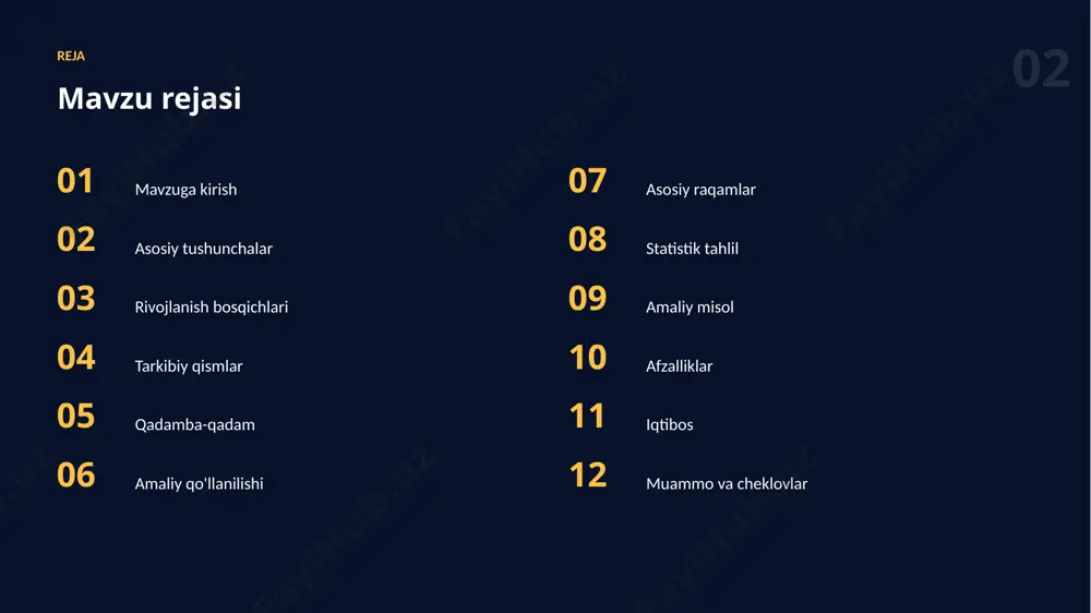 o'plamida o'qitib, modelni aniq vazifa yoki sohaga moslashtiradi va aniqligini oshiradi. 12 afzalliklar asosiy afzalliklar ✓ natija sifatini oshiradi ✓ ijod va g'oyalarni boyitadi ✓ xatolarni kamaytiradi ✓ hammaga qulay qiladi ✓ vaqtni sezilarli tejaydi “ to'g'ri vosita va usul natijani ikki barobar yaxshilaydi. 14 cheklovlar muammo va cheklovlar 01 haddan tashqari ishonish xavfi 02 ma'lumot sifatiga bog'liqlik 03 ko'nikma va tajriba talabi 04 etika va mualliflik masalalari 05 noto'g'ri yoki noaniq natijalar 06 maxfiylik va xavfsizlik xulosa asosiy xulosalar ▪ bu ko'nikma kelajakda yanada qadrlanadi ▪ to'g'ri usullar natija sifatini oshiradi ▪ overfittingdan qochish zamonaviy ko'nikmalarning muhim qismidir ▪ natijani doimo tanqidiy baholash zarur rahmat! e'tiboringiz uchun tashakkur · overfittingdan qochish image1.jpg image2.jpg image3.jpg image4.jpg image5.jpg image6.png