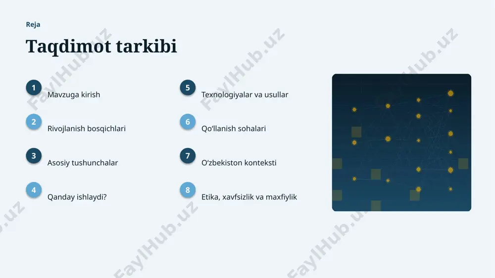 oriy etish — yechim amaliyotga joriy etiladi. texnologiya texnologiyalar va usullar ▸ zamonaviy automl usullari aniqlikni sezilarli oshiradi. ▸ gpu/tpu akseleratorlari oʻqitish vaqtini qisqartiradi. ▸ open-source modellar kirish toʻsigʻini pasaytiradi. ▸ bulutli platformalar masshtablash va tez joriy etishni taʼminlaydi. ▸ tayyor kutubxonalar (tensorflow, pytorch) ishlab chiqishni tezlashtiradi. amaliyot qoʻllanish sohalari ▸ tez prototip — eng keng tarqalgan amaliy yoʻnalishlardan biri. ▸ biznes tahlil jarayonlarni tezlashtiradi va xatolarni kamaytiradi. ▸ sogʻliqni saqlash yangi qiymat va xizmatlar yaratadi. ▸ moliyaviy modellar resurslardan oqilona foydalanishga yordam beradi. ▸ ekologiya sohasida bu texnologiya raqobat ustunligini taʼminlaydi. mahalliy oʻzbekiston konteksti ▸ raqamli oʻzbekiston-2030 strategiyasi ai rivojini qoʻllab-quvvatlaydi. ▸ it-park va texnoparklar startaplar uchun sharoit yaratmoqda. ▸ universitetlarda ai yoʻnalishlari va kadrlar tayyorlanmoqda. ▸ ekologiya sohalarida pilot loyihalar joriy etilmoqda. ▸ mahalliy til uchun resurslar va modellar ishlab chiqilmoqda. etika etika, xavfsizlik va maxfiylik ▸ maʼlumotlar maxfiyligi va shaxsiy axborot himoyasi ustuvor. ▸ algoritmik noxolislik (bias) …