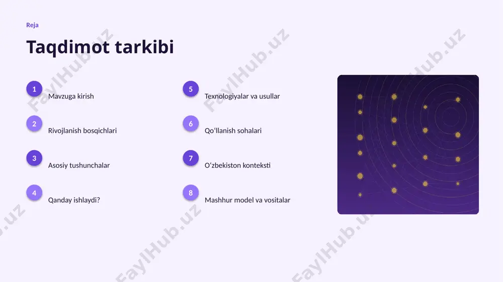 oslashish — yechim amaliyotga joriy etiladi. texnologiya texnologiyalar va usullar ▸ zamonaviy robototexnika usullari aniqlikni sezilarli oshiradi. ▸ gpu/tpu akseleratorlari oʻqitish vaqtini qisqartiradi. ▸ bulutli platformalar masshtablash va tez joriy etishni taʼminlaydi. ▸ sensor va aktuator optimallashtirilgan algoritmlar bilan ishlanadi. ▸ tayyor kutubxonalar (tensorflow, pytorch) ishlab chiqishni tezlashtiradi. amaliyot qoʻllanish sohalari ▸ ishlab chiqarish — eng keng tarqalgan amaliy yoʻnalishlardan biri. ▸ logistika jarayonlarni tezlashtiradi va xatolarni kamaytiradi. ▸ tibbiyot yangi qiymat va xizmatlar yaratadi. ▸ qishloq xoʻjaligi resurslardan oqilona foydalanishga yordam beradi. ▸ telekommunikatsiya sohasida bu texnologiya raqobat ustunligini taʼminlaydi. mahalliy oʻzbekiston konteksti ▸ raqamli oʻzbekiston-2030 strategiyasi ai rivojini qoʻllab-quvvatlaydi. ▸ it-park va texnoparklar startaplar uchun sharoit yaratmoqda. ▸ universitetlarda ai yoʻnalishlari va kadrlar tayyorlanmoqda. ▸ telekommunikatsiya sohalarida pilot loyihalar joriy etilmoqda. ▸ mahalliy til uchun resurslar va modellar ishlab chiqilmoqda. modellar mashhur model va vositalar ▸ gpt oilasi — matn generatsiyasi va suhbat agentlari. ▸ bert — matnni …