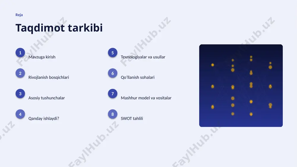chim amaliyotga joriy etiladi. texnologiya texnologiyalar va usullar ▸ shaffoflik va interpretatsiya optimallashtirilgan algoritmlar bilan ishlanadi. ▸ zamonaviy tushuntiriladigan ai usullari aniqlikni sezilarli oshiradi. ▸ bulutli platformalar masshtablash va tez joriy etishni taʼminlaydi. ▸ gpu/tpu akseleratorlari oʻqitish vaqtini qisqartiradi. ▸ tayyor kutubxonalar (tensorflow, pytorch) ishlab chiqishni tezlashtiradi. amaliyot qoʻllanish sohalari ▸ tibbiyot — eng keng tarqalgan amaliy yoʻnalishlardan biri. ▸ moliya jarayonlarni tezlashtiradi va xatolarni kamaytiradi. ▸ huquq yangi qiymat va xizmatlar yaratadi. ▸ tartibga solish resurslardan oqilona foydalanishga yordam beradi. ▸ sport sohasida bu texnologiya raqobat ustunligini taʼminlaydi. modellar mashhur model va vositalar ▸ gpt oilasi — matn generatsiyasi va suhbat agentlari. ▸ bert — matnni chuqur tushunish va tasniflash. ▸ stable diffusion — matndan rasm yaratish. ▸ tensorflow va pytorch — ishlab chiqish freymvorklari. ▸ hugging face — ochiq modellar ekotizimi. tahlil swot tahlili kuchli tomonlar • yuqori aniqlik va tezlik • avtomatlashtirish imkoni • masshtablanuvchanlik • doimiy …