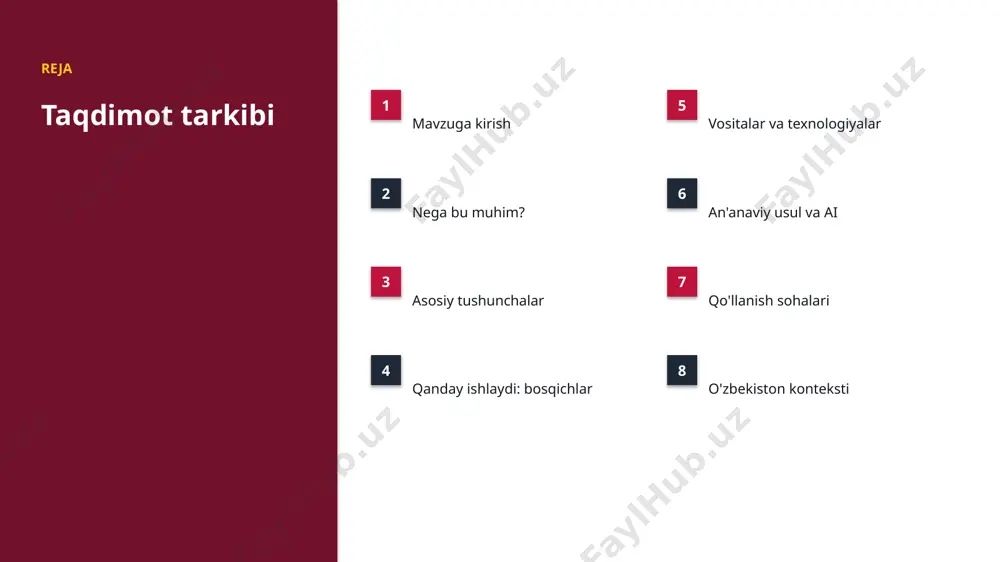 nligi • xavfsizlik va barqarorlik tashkiliy chaqiriqlar • kadrlar tanqisligi • integratsiya murakkabligi • etik va huquqiy masalalar • moslashish zarurati bozor statistika va tendensiyalar ▪ global ai bozori yiliga ~28% o'smoqda. ▪ kompaniyalarning 78% joriy etishni rejalashtirgan. ▪ investitsiyalar rekord darajada ortmoqda. ▪ arxeologiya sohada talab tez oʻsmoqda. ▪ ai ko'nikmalariga ehtiyoj yuqori. kelajak kelajak istiqbollari ▪ agentlik va multimodal tizimlar keng tarqaladi. ▪ modellar samaradorligi va tejamkorligi oshadi. ▪ mahalliy va shaxsiylashtirilgan yechimlar ko'payadi. ▪ inson-ai hamkorligi chuqurlashadi. ▪ regulyatsiya va standartlar shakllanadi. xulosa xulosa va tavsiyalar ▪ generativ sunʼiy intellekt bilan arxeologiyani rivojlantirish — strategik ahamiyatga ega yo'nalish. ▪ ma'lumot sifati va etika muvaffaqiyat kaliti. ▪ bosqichma-bosqich joriy etish xavfni kamaytiradi. ▪ kadrlar malakasiga investitsiya zarur. ▪ doimiy monitoring va takomillashtirish talab etiladi. e'tiboringiz uchun rahmat! generativ sunʼiy intellekt bilan arxeologiyani rivojlantirish savollar & muhokama image1.jpg image2.jpg image3.jpg image4.jpg image5.jpg image6.jpg image7.jpg image8.jpg image9.jpg image10.jpg