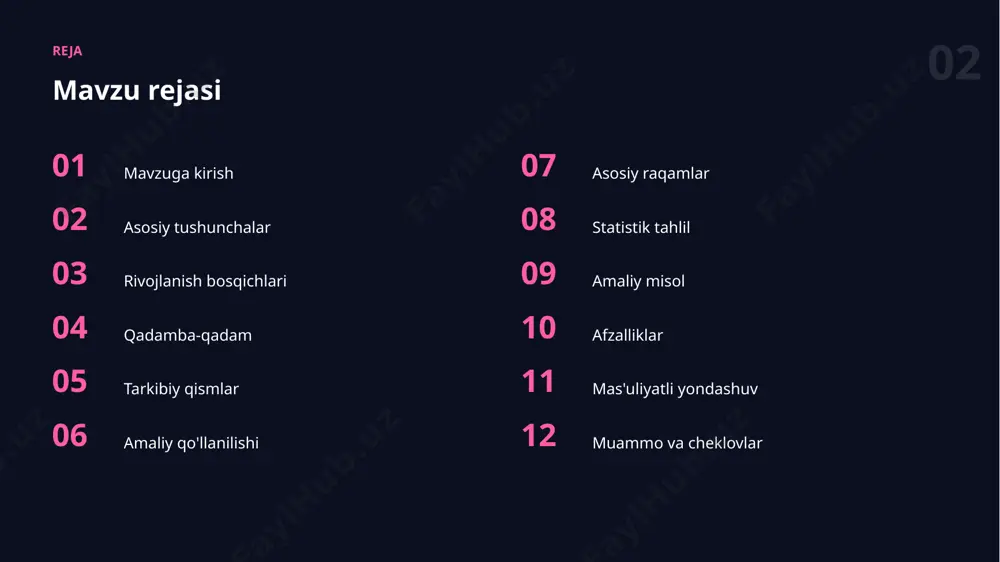 ib, kerakli vositalarni chaqirib, natijani mustaqil yetkazib beradi. 12 afzalliklar asosiy afzalliklar ✓ vaqtni sezilarli tejaydi ✓ hammaga qulay qiladi ✓ ijod va g'oyalarni boyitadi ✓ xatolarni kamaytiradi ✓ o'rganishni tezlashtiradi 13 mas'uliyat mas'uliyatli yondashuv ✓ shaffoflik va izohlanuvchanlik ✓ maxfiylik va xavfsizlik ✓ adolat va xolislik ✓ inson nazorati ✓ natijani tekshirish 14 cheklovlar muammo va cheklovlar 01 noto'g'ri yoki noaniq natijalar 02 cheklovlarni bilmaslik 03 maxfiylik va xavfsizlik 04 haddan tashqari ishonish xavfi 05 natijani tekshirish zarurati 06 etika va mualliflik masalalari 15 istiqbol kelajak istiqbollari ▪ yanada qulay va kuchli vositalar ▪ avtonom va aqlli yordamchilar ▪ shaxsiylashtirilgan yechimlar ▪ hamma uchun ochiqlik ▪ mas'uliyatli va xavfsiz qo'llash “ to'g'ri vosita va usul natijani ikki barobar yaxshilaydi. 17 tavsiyalar amaliy tavsiyalar 01 bosqichma-bosqich takomillashtiring 02 misollar va kontekstdan foydalaning 03 kichik va aniq vazifadan boshlang 04 maxfiylik va etikani unutmang 05 muntazam mashq qilib boring xulosa asosiy …