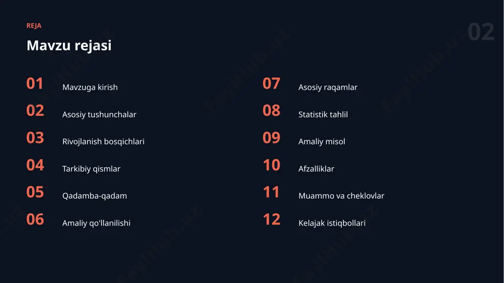 axsus ma'lumotlar to'plamida o'qitib, modelni aniq vazifa yoki sohaga moslashtiradi va aniqligini oshiradi. 12 afzalliklar asosiy afzalliklar ✓ hammaga qulay qiladi ✓ vaqtni sezilarli tejaydi ✓ ijod va g'oyalarni boyitadi ✓ takroriy ishni avtomatlashtiradi ✓ natija sifatini oshiradi 13 cheklovlar muammo va cheklovlar 01 natijani tekshirish zarurati 02 noto'g'ri yoki noaniq natijalar 03 haddan tashqari ishonish xavfi 04 maxfiylik va xavfsizlik 05 etika va mualliflik masalalari 06 cheklovlarni bilmaslik 14 istiqbol kelajak istiqbollari ▪ avtonom va aqlli yordamchilar ▪ shaxsiylashtirilgan yechimlar ▪ yanada qulay va kuchli vositalar ▪ hamma uchun ochiqlik ▪ mas'uliyatli va xavfsiz qo'llash xulosa asosiy xulosalar ▪ amaliyot va tajriba muvaffaqiyat kalitidir ▪ to'g'ri usullar natija sifatini oshiradi ▪ bu ko'nikma kelajakda yanada qadrlanadi ▪ bazaviy modelni tanlash zamonaviy ko'nikmalarning muhim qismidir rahmat! e'tiboringiz uchun tashakkur · bazaviy modelni tanlash — qadamba-qadam image1.jpg image2.jpg image3.jpg image4.jpg image5.jpg image6.png image7.jpg image8.jpg