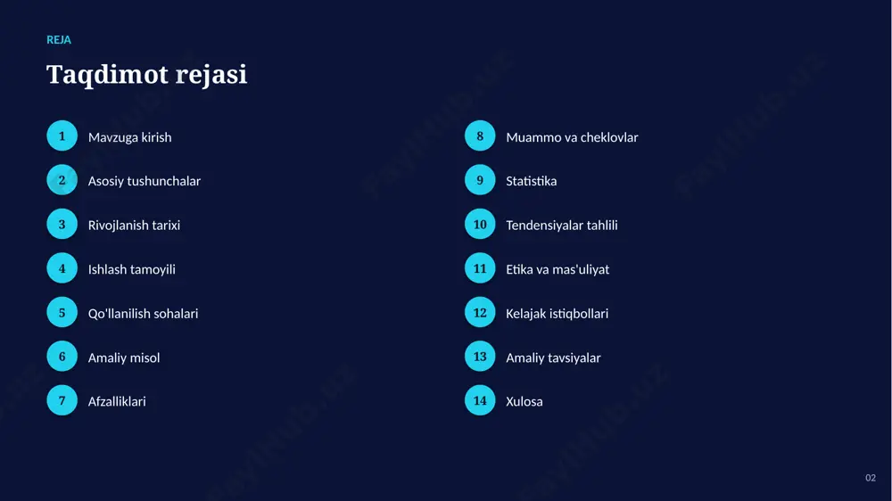 al vaqtdagi transport oqimini tahlil qilib, yashil chiroq vaqtini moslashtiradi va bu tirbandlik hamda kutish vaqtini kamaytiradi. 08 afzalliklari asosiy afzalliklari ✓ inson xatolarini sezilarli kamaytirish ✓ shaxsiylashtirilgan yechimlar taqdim etish ✓ aniqlik va sifatni oshirish ✓ xarajatlarni optimallashtirish ✓ yangi imkoniyat va innovatsiyalarni ochish ✓ katta hajmdagi ma'lumotni tez tahlil qilish 09 muammolar muammo va cheklovlar 01 maxfiylik va ma'lumotlar xavfsizligi 02 yuqori hisoblash resurslariga ehtiyoj 03 etika va tartibga solish savollari 04 malakali mutaxassislar yetishmasligi 05 algoritmik xolislik va adolat masalalari 06 integratsiya va texnik murakkabliklar 10 statistika statistika va ko'rsatkichlar 90% avariyalar inson xatosidan 25% tirbandlik kamayishi 2030 avtonom transport keng tarqaladi 11 tendensiyalar o'sish va tendensiyalar tahlili ko'rsatkichlar so'nggi yillarda barqaror o'sish tendensiyasini ko'rsatmoqda. 12 etika etika va mas'uliyatli yondashuv ▪ shaffoflik va qaror izohlanuvchanligi ▪ maxfiylik va shaxsiy ma'lumotlar himoyasi ▪ algoritmik adolat va xolislikni kamaytirish ▪ inson nazorati va mas'uliyat ▪ xavfsizlik va ishonchlilik …