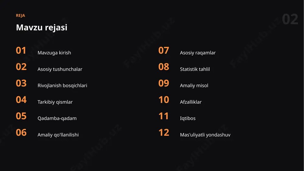 ib, uning barqaror va aniq ishlashini ta'minlaydi. 12 afzalliklar asosiy afzalliklar ✓ takroriy ishni avtomatlashtiradi ✓ natija sifatini oshiradi ✓ o'rganishni tezlashtiradi ✓ ijod va g'oyalarni boyitadi ✓ xatolarni kamaytiradi “ o'rganish va mashq — mahoratning yagona yo'li. 14 mas'uliyat mas'uliyatli yondashuv ✓ shaffoflik va izohlanuvchanlik ✓ maxfiylik va xavfsizlik ✓ adolat va xolislik ✓ inson nazorati ✓ natijani tekshirish xulosa asosiy xulosalar ▪ bu ko'nikma kelajakda yanada qadrlanadi ▪ amaliyot va tajriba muvaffaqiyat kalitidir ▪ to'g'ri usullar natija sifatini oshiradi ▪ infratuzilma zamonaviy ko'nikmalarning muhim qismidir rahmat! e'tiboringiz uchun tashakkur · infratuzilma image1.jpg image2.jpg image3.jpg image4.jpg image5.jpg image6.png image7.jpg