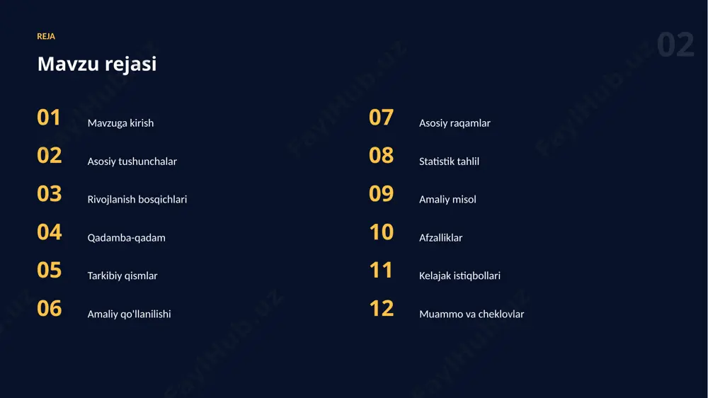 arur ai savodxonligi insonga natijalarni tanqidiy baholash, cheklovlarni tushunish va texnologiyadan xavfsiz hamda samarali foydalanish imkonini beradi. 12 afzalliklar asosiy afzalliklar ✓ ijod va g'oyalarni boyitadi ✓ o'rganishni tezlashtiradi ✓ mahsuldorlikni oshiradi ✓ takroriy ishni avtomatlashtiradi ✓ vaqtni sezilarli tejaydi 13 istiqbol kelajak istiqbollari ▪ hamma uchun ochiqlik ▪ kundalik ishga chuqur integratsiya ▪ shaxsiylashtirilgan yechimlar ▪ avtonom va aqlli yordamchilar ▪ mas'uliyatli va xavfsiz qo'llash 14 cheklovlar muammo va cheklovlar 01 ma'lumot sifatiga bog'liqlik 02 etika va mualliflik masalalari 03 ko'nikma va tajriba talabi 04 haddan tashqari ishonish xavfi 05 cheklovlarni bilmaslik 06 noto'g'ri yoki noaniq natijalar 15 tavsiyalar amaliy tavsiyalar 01 misollar va kontekstdan foydalaning 02 muntazam mashq qilib boring 03 maxfiylik va etikani unutmang 04 kichik va aniq vazifadan boshlang 05 bosqichma-bosqich takomillashtiring “ sun'iy intellekt — inson imkoniyatlarini kuchaytiruvchi hamkor. xulosa asosiy xulosalar ▪ to'g'ri usullar natija sifatini oshiradi ▪ natijani doimo tanqidiy baholash zarur ▪ …