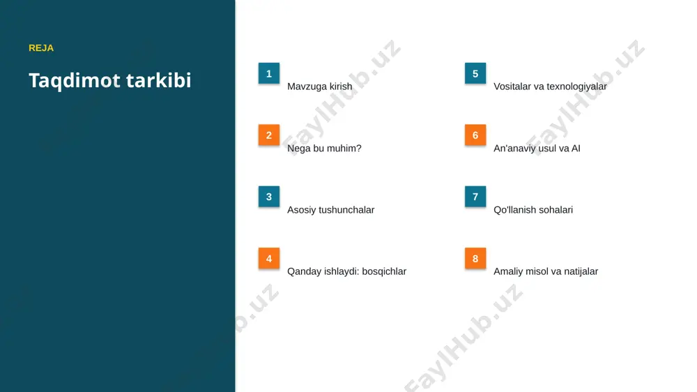 afzalliklari 69% samaradorlik o'sishi 43% xarajat kamayishi 90% aniqlik darajasi muammo muammolar va cheklovlar texnik chaqiriqlar • sifatli ma'lumot yetishmasligi • yuqori hisoblash xarajati • modelni izohlash qiyinligi • xavfsizlik va barqarorlik tashkiliy chaqiriqlar • kadrlar tanqisligi • integratsiya murakkabligi • etik va huquqiy masalalar • moslashish zarurati bozor statistika va tendensiyalar ▪ global ai bozori yiliga ~30% o'smoqda. ▪ kompaniyalarning 62% joriy etishni rejalashtirgan. ▪ investitsiyalar rekord darajada ortmoqda. ▪ huquq sohada talab tez oʻsmoqda. ▪ ai ko'nikmalariga ehtiyoj yuqori. kelajak kelajak istiqbollari ▪ agentlik va multimodal tizimlar keng tarqaladi. ▪ modellar samaradorligi va tejamkorligi oshadi. ▪ mahalliy va shaxsiylashtirilgan yechimlar ko'payadi. ▪ inson-ai hamkorligi chuqurlashadi. ▪ regulyatsiya va standartlar shakllanadi. xulosa xulosa va tavsiyalar ▪ huquq uchun multimodal ai: bosqichma-bosqich qo'llanma — strategik ahamiyatga ega yo'nalish. ▪ ma'lumot sifati va etika muvaffaqiyat kaliti. ▪ bosqichma-bosqich joriy etish xavfni kamaytiradi. ▪ kadrlar malakasiga investitsiya zarur. ▪ doimiy monitoring va …