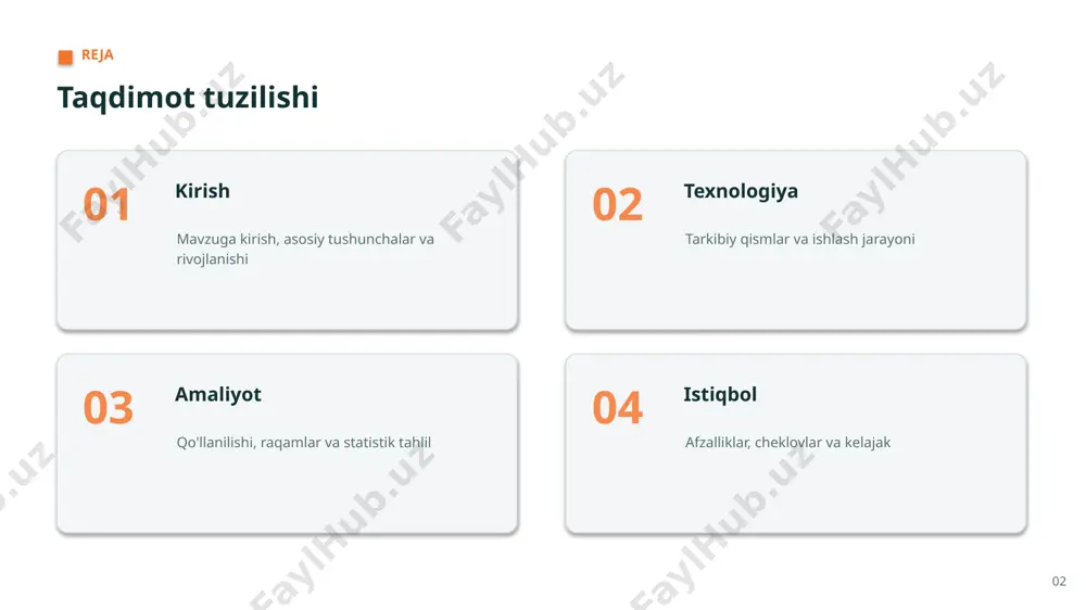 salar ▪ xavf va xatolarni kamaytirish ▪ mijoz va foydalanuvchi tajribasini yaxshilash ▪ xarajatlarni optimallashtirish 12 04 istiqbol 13 afzalliklar asosiy afzalliklar + takrorlanuvchi vazifalarni avtomatlashtirish + operatsion samaradorlikni sezilarli oshirish + xarajatlarni optimallashtirish + mijoz va foydalanuvchi tajribasini yaxshilash + yangi xizmat va imkoniyatlar yaratish + aniqroq va tezroq qarorlar qabul qilish 14 “ avtomatlashtirish emas, balki inson imkoniyatini kuchaytirish — aining asl qiymati. 15 istiqbol kelajak istiqbollari ▪ yanada aniq va avtonom tizimlar ▪ barqaror va mas'uliyatli qo'llash ▪ arzon va qulay yechimlarning tarqalishi ▪ real vaqtdagi qarorlarning kengayishi ▪ sohaga keng va chuqur integratsiya 16 cheklovlar muammo va cheklovlar 01 sifatli va yetarli ma'lumotga ehtiyoj 02 natijalarning ishonchliligi va tushunarliligi 03 yuqori boshlang'ich investitsiya 04 maxfiylik va ma'lumotlar himoyasi 05 etika va tartibga solish talablari 06 malakali kadrlar tanqisligi 17 mas'uliyat etika va mas'uliyatli yondashuv ▪ shaffoflik va izohlanuvchanlik ▪ maxfiylik va ma'lumotlar himoyasi ▪ adolat va …