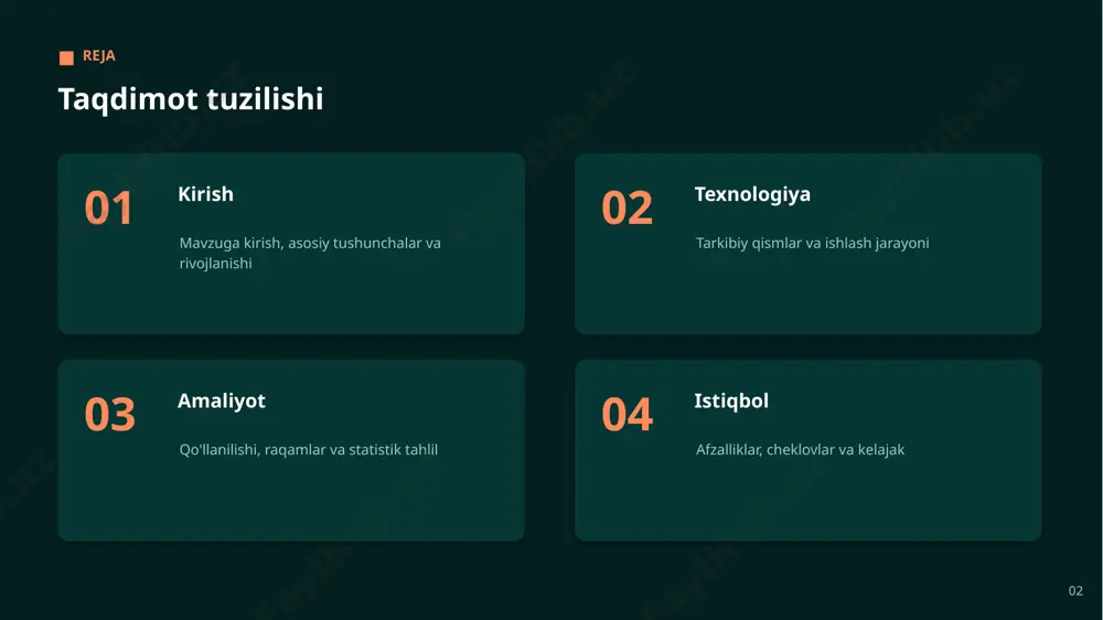 satkichlar asosiy raqamlar 25% logistika xarajati tejash 20% tezroq yetkazish 30% ombor samaradorligi 100% raqamli kelajak sari 11 tahlil statistik tahlil asosiy xulosalar ▪ xavf va xatolarni kamaytirish ▪ operatsion samaradorlikni sezilarli oshirish ▪ yangi xizmat va imkoniyatlar yaratish 12 04 istiqbol 13 afzalliklar asosiy afzalliklar + mijoz va foydalanuvchi tajribasini yaxshilash + aniqroq va tezroq qarorlar qabul qilish + yangi xizmat va imkoniyatlar yaratish + xavf va xatolarni kamaytirish + takrorlanuvchi vazifalarni avtomatlashtirish + real vaqtda tahlil va monitoring 14 mas'uliyat etika va mas'uliyatli yondashuv ▪ shaffoflik va izohlanuvchanlik ▪ maxfiylik va ma'lumotlar himoyasi ▪ adolat va xolislikni kamaytirish ▪ inson nazorati va mas'uliyat ▪ xavfsizlik va ishonchlilik 15 xulosa asosiy xulosalar ▪ texnologiya tez rivojlanib, yangi imkoniyatlar ochmoqda ▪ mas'uliyatli va bosqichma-bosqich yondashuv muhim ▪ port logistikasi sohada sezilarli qiymat va samaradorlik yaratmoqda ▪ amaliy natijalar joriy etishning foydasini tasdiqlaydi ▪ kelajakda uning roli yanada ortib boradi 16 …