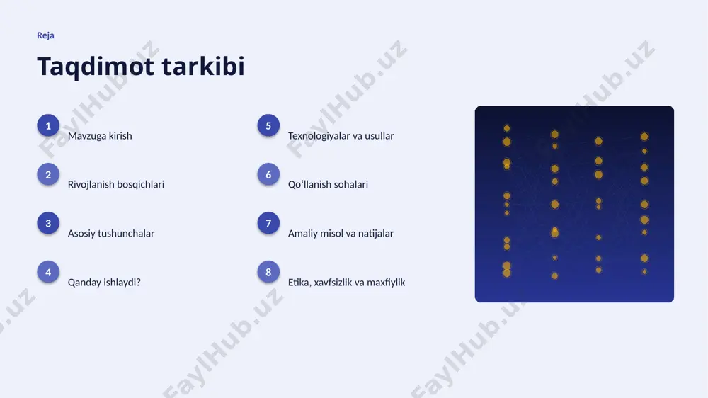 ar ▸ tayyor kutubxonalar (tensorflow, pytorch) ishlab chiqishni tezlashtiradi. ▸ bulutli platformalar masshtablash va tez joriy etishni taʼminlaydi. ▸ open-source modellar kirish toʻsigʻini pasaytiradi. ▸ zamonaviy sunʼiy intellekt usullari aniqlikni sezilarli oshiradi. ▸ vektor va indeks optimallashtirilgan algoritmlar bilan ishlanadi. amaliyot qoʻllanish sohalari ▸ tahlil — eng keng tarqalgan amaliy yoʻnalishlardan biri. ▸ avtomatlashtirish jarayonlarni tezlashtiradi va xatolarni kamaytiradi. ▸ bashorat yangi qiymat va xizmatlar yaratadi. ▸ optimizatsiya resurslardan oqilona foydalanishga yordam beradi. ▸ koʻplab tarmoqlarda samaradorlikni oshiradi. misol amaliy misol va natijalar ▸ real loyihalarda sunʼiy intellekt jarayon vaqtini 30–60% qisqartirgan. ▸ sanoat korxonalari xarajatlarni sezilarli kamaytirgan. ▸ aniqlik koʻrsatkichlari anʼanaviy usullardan ustun keladi. ▸ mijozlar qoniqishi va xizmat sifati oshgan. ▸ investitsiya qaytimi (roi) qisqa muddatda namoyon boʻladi. etika etika, xavfsizlik va maxfiylik ▸ maʼlumotlar maxfiyligi va shaxsiy axborot himoyasi ustuvor. ▸ algoritmik noxolislik (bias) nazorat qilinishi shart. ▸ qarorlar shaffof va tushuntiriladigan boʻlishi kerak. ▸ inson nazorati …