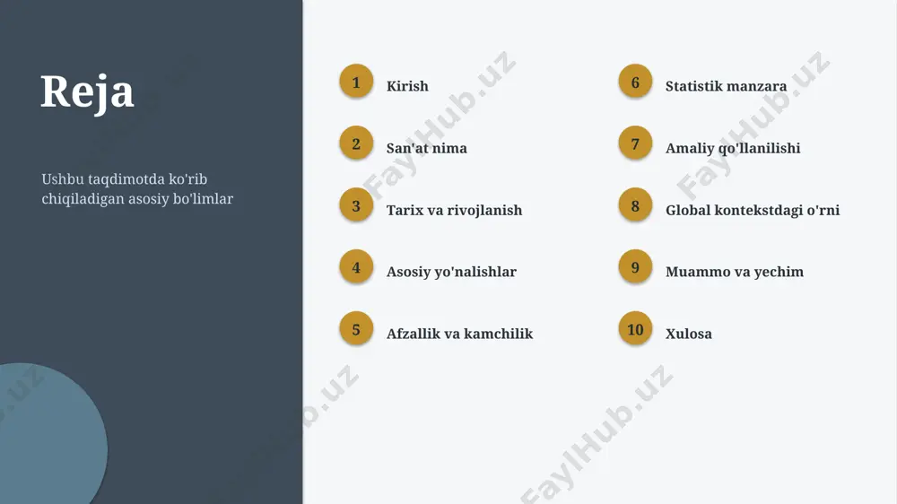 ntekstda qo'llanilish kengaymoqda ▪ kelajakda ahamiyati yanada ortishi kutiladi amaliyot amaliy qo'llanilishi 1 ta'lim o'qitish va o'rganishda 2 iqtisodiyot biznes va samaradorlikda 3 texnologiya raqamli yechimlarda 4 kundalik hayot amaliy masalalarni hal qilishda kontekst global kontekstdagi o'rni ▪ global kontekstda san'at o'ziga xos ahamiyatga ega ▪ mahalliy va global tajriba uyg'unlashtiriladi ▪ yangi mutaxassislar uchun amaliy imkoniyatlar mavjud ▪ hamkorlik va ta'lim — rivojlanish kaliti “ imkoniyat global kontekstda san'atni rivojlantirish katta salohiyatga ega. muammo va yechim muammolar va yechimlar 1 bilim tanqisligi ta'lim va malaka oshirish 2 resurs cheklovi bosqichma-bosqich joriy etish 3 tezkor o'zgarish doimiy o'rganish va moslashish 4 noto'g'ri qo'llash standart va nazorat xulosa asosiy xulosalar ▪ san'at — istiqbolli va dolzarb yo'nalish ▪ nazariya va amaliyot uyg'unligi muhim ▪ global kontekstda katta salohiyat mavjud ▪ yangi mutaxassislar uchun bilim va tayyorgarlik — ustunlik manbalar adabiyotlar va manbalar — san'at bo'yicha ilmiy va o'quv manbalari — sohaviy …