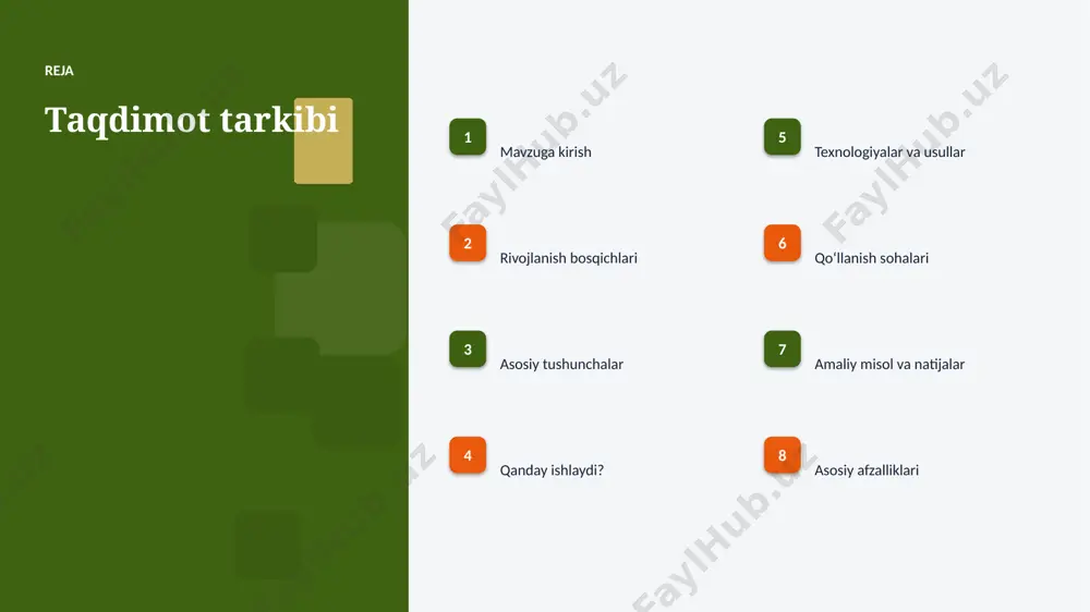 ladi. texnologiya texnologiyalar va usullar ▪ tayyor kutubxonalar (tensorflow, pytorch) ishlab chiqishni tezlashtiradi. ▪ bulutli platformalar masshtablash va tez joriy etishni taʼminlaydi. ▪ gpu/tpu akseleratorlari oʻqitish vaqtini qisqartiradi. ▪ zamonaviy mashinali oʻrganish usullari aniqlikni sezilarli oshiradi. ▪ algoritm va model optimallashtirilgan algoritmlar bilan ishlanadi. amaliyot qoʻllanish sohalari ▪ bashoratli tahlil — eng keng tarqalgan amaliy yoʻnalishlardan biri. ▪ tasniflash jarayonlarni tezlashtiradi va xatolarni kamaytiradi. ▪ klasterlash yangi qiymat va xizmatlar yaratadi. ▪ tavsiyalar resurslardan oqilona foydalanishga yordam beradi. ▪ aviatsiya sohasida bu texnologiya raqobat ustunligini taʼminlaydi. misol amaliy misol va natijalar ▪ real loyihalarda mashinali oʻrganish jarayon vaqtini 30–60% qisqartirgan. ▪ aviatsiya korxonalari xarajatlarni sezilarli kamaytirgan. ▪ aniqlik koʻrsatkichlari anʼanaviy usullardan ustun keladi. ▪ mijozlar qoniqishi va xizmat sifati oshgan. ▪ investitsiya qaytimi (roi) qisqa muddatda namoyon boʻladi. 02 natijalar va istiqbol afzalliklar, muammolar, statistika va kelajak afzallik asosiy afzalliklari 53% samaradorlik oshishi 4x tezroq qaror qabul qilish 40% xarajatlar …