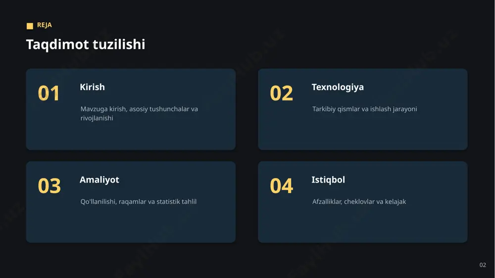 vchi vazifalarni avtomatlashtirish + mijoz va foydalanuvchi tajribasini yaxshilash 13 mas'uliyat etika va mas'uliyatli yondashuv ▪ shaffoflik va izohlanuvchanlik ▪ maxfiylik va ma'lumotlar himoyasi ▪ adolat va xolislikni kamaytirish ▪ inson nazorati va mas'uliyat ▪ xavfsizlik va ishonchlilik 14 istiqbol kelajak istiqbollari ▪ sohaga keng va chuqur integratsiya ▪ barqaror va mas'uliyatli qo'llash ▪ real vaqtdagi qarorlarning kengayishi ▪ arzon va qulay yechimlarning tarqalishi ▪ inson va ai hamkorligining kuchayishi 15 xulosa asosiy xulosalar ▪ texnologiya tez rivojlanib, yangi imkoniyatlar ochmoqda ▪ kelajakda uning roli yanada ortib boradi ▪ amaliy natijalar joriy etishning foydasini tasdiqlaydi ▪ mas'uliyatli va bosqichma-bosqich yondashuv muhim ▪ jarayonni kuzatish sohada sezilarli qiymat va samaradorlik yaratmoqda 16 rahmat! e'tiboringiz uchun tashakkur. savollaringizni kutamiz. jarayonni kuzatish image1.jpg image2.jpg image3.jpg image4.jpg image5.jpg image6.png image7.jpg