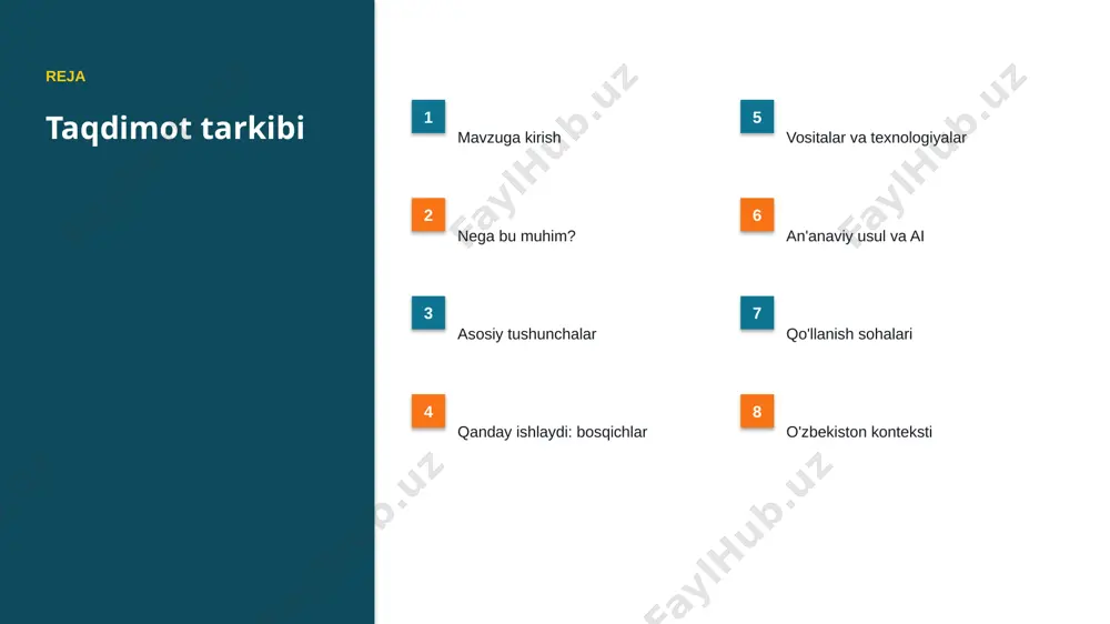 lgan. ▪ mijozlar qoniqishi yuqori bo'lgan. afzallik asosiy afzalliklari 37% samaradorlik o'sishi 20% xarajat kamayishi 92% aniqlik darajasi muammo muammolar va cheklovlar texnik chaqiriqlar • sifatli ma'lumot yetishmasligi • yuqori hisoblash xarajati • modelni izohlash qiyinligi • xavfsizlik va barqarorlik tashkiliy chaqiriqlar • kadrlar tanqisligi • integratsiya murakkabligi • etik va huquqiy masalalar • moslashish zarurati bozor statistika va tendensiyalar ▪ global ai bozori yiliga ~24% o'smoqda. ▪ kompaniyalarning 74% joriy etishni rejalashtirgan. ▪ investitsiyalar rekord darajada ortmoqda. ▪ suv resurslari sohada talab tez oʻsmoqda. ▪ ai ko'nikmalariga ehtiyoj yuqori. kelajak kelajak istiqbollari ▪ agentlik va multimodal tizimlar keng tarqaladi. ▪ modellar samaradorligi va tejamkorligi oshadi. ▪ mahalliy va shaxsiylashtirilgan yechimlar ko'payadi. ▪ inson-ai hamkorligi chuqurlashadi. ▪ regulyatsiya va standartlar shakllanadi. xulosa xulosa va tavsiyalar ▪ suv resurslari uchun neyron tarmoqlar: bosqichma-bosqich qo'llanma — strategik ahamiyatga ega yo'nalish. ▪ ma'lumot sifati va etika muvaffaqiyat kaliti. ▪ bosqichma-bosqich joriy etish xavfni …