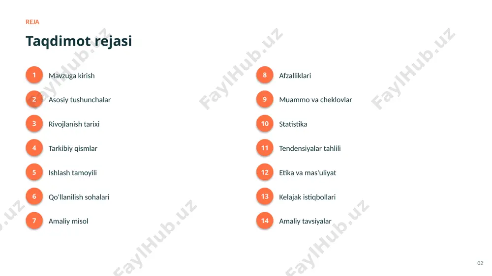 defektni topish ▪ xavfsizlik va kuzatuv ▪ kengaytirilgan reallik 08 amaliy misol amaliy misol va tahlil ishlab chiqarishda kompyuter ko'rish konveyerdagi mahsulotlarni real vaqtda tekshirib, nuqsonli detallarni inson ko'zidan tezroq aniqlaydi. 09 afzalliklari asosiy afzalliklari ✓ jarayonlarni tezlashtirish va avtomatlashtirish ✓ xarajatlarni optimallashtirish ✓ aniqlik va sifatni oshirish ✓ katta hajmdagi ma'lumotni tez tahlil qilish ✓ 24/7 uzluksiz ishlash imkoniyati ✓ yangi imkoniyat va innovatsiyalarni ochish 10 muammolar muammo va cheklovlar 01 sifatli va yetarli ma'lumot zarurligi 02 integratsiya va texnik murakkabliklar 03 malakali mutaxassislar yetishmasligi 04 etika va tartibga solish savollari 05 natijalarning izohlanuvchanligi muammosi 06 yuqori hisoblash resurslariga ehtiyoj 11 statistika statistika va ko'rsatkichlar 95%+ obyekt tanish aniqligi 30 fps real vaqt tahlili 1m+ tasvir o'qitish uchun 12 tendensiyalar o'sish va tendensiyalar tahlili ko'rsatkichlar so'nggi yillarda barqaror o'sish tendensiyasini ko'rsatmoqda. 13 etika etika va mas'uliyatli yondashuv ▪ shaffoflik va qaror izohlanuvchanligi ▪ maxfiylik va shaxsiy ma'lumotlar himoyasi ▪ …