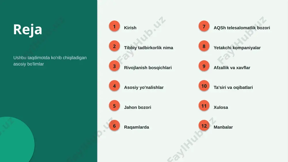 xizmat. 2 mhealth ilovalar smartfon orqali salomatlikni kuzatish va boshqarish. 3 ai diagnostika sun'iy intellekt yordamida kasallikni erta aniqlash. 4 wearables / rpm kiyiladigan sensorlar va masofadan bemorni monitoring qilish. 5 biotexnologiya yangi dori va davolash usullarini ishlab chiqish. 6 klinik dasturlar ehr, kasalxona jarayonlari va ish oqimi platformalari. bozor telemeditsina jahon bozori o'sishi *2030 — prognoz (cagr ~11,5%). manba: grand view research. ▪ 2023: 83,6 mlrd $ → 2024: 94,1 mlrd $. ▪ 2030-yilga ~180,9 mlrd $ prognoz qilinmoqda. ▪ 2024-yil — 116 mln+ onlayn shifokor konsultatsiyasi foydalanuvchisi. ▪ asosiy turtki — surunkali kasalliklar va shifokor taqchilligi. raqamlarda raqamli salomatlik raqamlarda $28,8 mlrd 2025-yil jahon investitsiyasi (+9%) $946 mlrd 2030-yil bozor hajmi prognozi (taxminiy) 116 mln telemeditsina foydalanuvchilari (2024) 58% ai loyihalari investitsiya ulushi (2024) manba: rock health, galen growth, grand view research, statista. bozor aqsh telesalomatlik bozori prognozi *2034 — prognoz (cagr ~23,8%). manba: towards healthcare. ▪ 2024: …