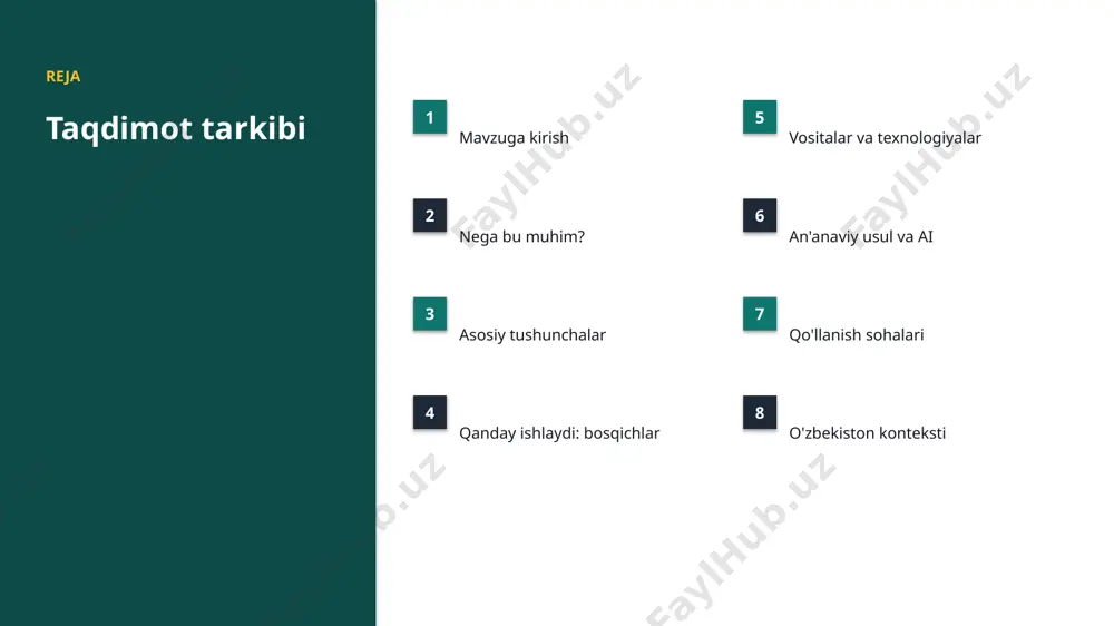 ligi • xavfsizlik va barqarorlik tashkiliy chaqiriqlar • kadrlar tanqisligi • integratsiya murakkabligi • etik va huquqiy masalalar • moslashish zarurati bozor statistika va tendensiyalar ▪ global ai bozori yiliga ~23% o'smoqda. ▪ kompaniyalarning 80% joriy etishni rejalashtirgan. ▪ investitsiyalar rekord darajada ortmoqda. ▪ qishloq xoʻjaligi sohada talab tez oʻsmoqda. ▪ ai ko'nikmalariga ehtiyoj yuqori. kelajak kelajak istiqbollari ▪ agentlik va multimodal tizimlar keng tarqaladi. ▪ modellar samaradorligi va tejamkorligi oshadi. ▪ mahalliy va shaxsiylashtirilgan yechimlar ko'payadi. ▪ inson-ai hamkorligi chuqurlashadi. ▪ regulyatsiya va standartlar shakllanadi. xulosa xulosa va tavsiyalar ▪ mashinali oʻrganish bilan qishloq xoʻjaligini rivojlantirish — strategik ahamiyatga ega yo'nalish. ▪ ma'lumot sifati va etika muvaffaqiyat kaliti. ▪ bosqichma-bosqich joriy etish xavfni kamaytiradi. ▪ kadrlar malakasiga investitsiya zarur. ▪ doimiy monitoring va takomillashtirish talab etiladi. e'tiboringiz uchun rahmat! mashinali oʻrganish bilan qishloq xoʻjaligini rivojlantirish savollar & muhokama image1.jpg image2.jpg image3.jpg image4.jpg image5.jpg image6.jpg image7.jpg image8.jpg image9.jpg image10.jpg