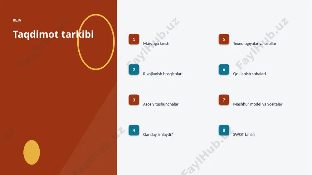 texnologiya texnologiyalar va usullar ▪ matn va tasvir optimallashtirilgan algoritmlar bilan ishlanadi. ▪ zamonaviy multimodal ai usullari aniqlikni sezilarli oshiradi. ▪ bulutli platformalar masshtablash va tez joriy etishni taʼminlaydi. ▪ open-source modellar kirish toʻsigʻini pasaytiradi. ▪ tayyor kutubxonalar (tensorflow, pytorch) ishlab chiqishni tezlashtiradi. amaliyot qoʻllanish sohalari ▪ rasm-matn — eng keng tarqalgan amaliy yoʻnalishlardan biri. ▪ video tahlil jarayonlarni tezlashtiradi va xatolarni kamaytiradi. ▪ yordamchilar yangi qiymat va xizmatlar yaratadi. ▪ qidiruv resurslardan oqilona foydalanishga yordam beradi. ▪ logistika sohasida bu texnologiya raqobat ustunligini taʼminlaydi. modellar mashhur model va vositalar ▪ gpt oilasi — matn generatsiyasi va suhbat agentlari. ▪ bert — matnni chuqur tushunish va tasniflash. ▪ stable diffusion — matndan rasm yaratish. ▪ tensorflow va pytorch — ishlab chiqish freymvorklari. ▪ hugging face — ochiq modellar ekotizimi. swot tahlili kuchli tomonlar ■ yuqori aniqlik va tezlik ■ avtomatlashtirish imkoni ■ masshtablanuvchanlik ■ doimiy takomillashish imkoniyat va xavflar ■ …