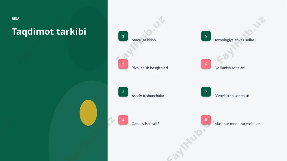 a — yechim amaliyotga joriy etiladi. texnologiya texnologiyalar va usullar ▪ bulutli platformalar masshtablash va tez joriy etishni taʼminlaydi. ▪ open-source modellar kirish toʻsigʻini pasaytiradi. ▪ gpu/tpu akseleratorlari oʻqitish vaqtini qisqartiradi. ▪ zamonaviy diffuziya modellari usullari aniqlikni sezilarli oshiradi. ▪ tayyor kutubxonalar (tensorflow, pytorch) ishlab chiqishni tezlashtiradi. amaliyot qoʻllanish sohalari ▪ rasm yaratish — eng keng tarqalgan amaliy yoʻnalishlardan biri. ▪ video jarayonlarni tezlashtiradi va xatolarni kamaytiradi. ▪ audio yangi qiymat va xizmatlar yaratadi. ▪ 3d model resurslardan oqilona foydalanishga yordam beradi. ▪ arxeologiya sohasida bu texnologiya raqobat ustunligini taʼminlaydi. mahalliy oʻzbekiston konteksti ▪ raqamli oʻzbekiston-2030 strategiyasi ai rivojini qoʻllab-quvvatlaydi. ▪ it-park va texnoparklar startaplar uchun sharoit yaratmoqda. ▪ universitetlarda ai yoʻnalishlari va kadrlar tayyorlanmoqda. ▪ arxeologiya sohalarida pilot loyihalar joriy etilmoqda. ▪ mahalliy til uchun resurslar va modellar ishlab chiqilmoqda. modellar mashhur model va vositalar ▪ gpt oilasi — matn generatsiyasi va suhbat agentlari. ▪ bert — matnni chuqur …