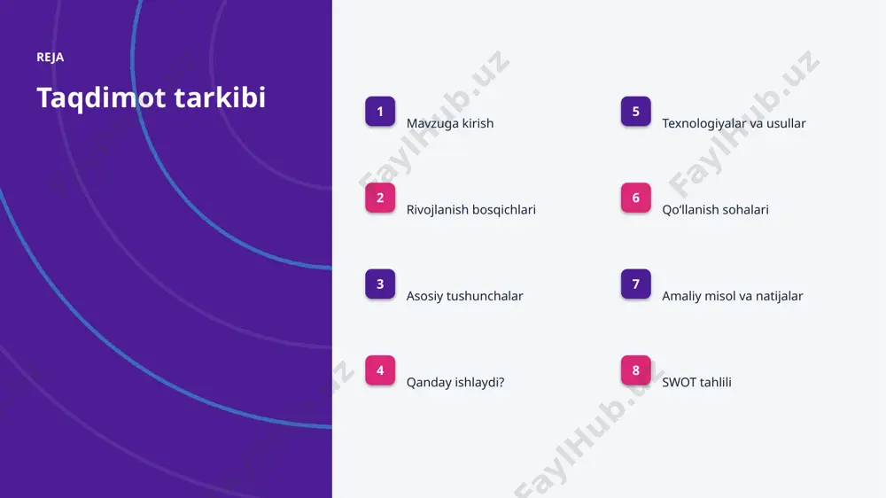 aloqa — yechim amaliyotga joriy etiladi. texnologiya texnologiyalar va usullar ▪ open-source modellar kirish toʻsigʻini pasaytiradi. ▪ zamonaviy tavsiya tizimlari usullari aniqlikni sezilarli oshiradi. ▪ gpu/tpu akseleratorlari oʻqitish vaqtini qisqartiradi. ▪ tayyor kutubxonalar (tensorflow, pytorch) ishlab chiqishni tezlashtiradi. ▪ bulutli platformalar masshtablash va tez joriy etishni taʼminlaydi. amaliyot qoʻllanish sohalari ▪ e-tijorat — eng keng tarqalgan amaliy yoʻnalishlardan biri. ▪ striming jarayonlarni tezlashtiradi va xatolarni kamaytiradi. ▪ yangiliklar yangi qiymat va xizmatlar yaratadi. ▪ ijtimoiy tarmoq resurslardan oqilona foydalanishga yordam beradi. ▪ ekologiya sohasida bu texnologiya raqobat ustunligini taʼminlaydi. misol amaliy misol va natijalar ▪ real loyihalarda tavsiya tizimlari jarayon vaqtini 30–60% qisqartirgan. ▪ ekologiya korxonalari xarajatlarni sezilarli kamaytirgan. ▪ aniqlik koʻrsatkichlari anʼanaviy usullardan ustun keladi. ▪ mijozlar qoniqishi va xizmat sifati oshgan. ▪ investitsiya qaytimi (roi) qisqa muddatda namoyon boʻladi. swot tahlili kuchli tomonlar ■ yuqori aniqlik va tezlik ■ avtomatlashtirish imkoni ■ masshtablanuvchanlik ■ doimiy takomillashish imkoniyat va …