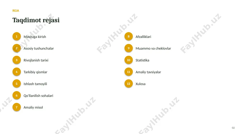 hlatish ▪ api orqali integratsiya 08 amaliy misol amaliy misol va tahlil startaplar bulutli ai platformalari yordamida o'z infratuzilmasini qurmasdan kuchli modellarni o'qitadi va bir necha klik bilan ishga tushiradi. 09 afzalliklari asosiy afzalliklari ✓ jarayonlarni tezlashtirish va avtomatlashtirish ✓ inson xatolarini sezilarli kamaytirish ✓ katta hajmdagi ma'lumotni tez tahlil qilish ✓ yangi imkoniyat va innovatsiyalarni ochish ✓ aniqlik va sifatni oshirish ✓ shaxsiylashtirilgan yechimlar taqdim etish 10 muammolar muammo va cheklovlar 01 malakali mutaxassislar yetishmasligi 02 algoritmik xolislik va adolat masalalari 03 natijalarning izohlanuvchanligi muammosi 04 maxfiylik va ma'lumotlar xavfsizligi 05 etika va tartibga solish savollari 06 yuqori hisoblash resurslariga ehtiyoj 11 statistika statistika va ko'rsatkichlar 70% tashkilotlar bulutda 10x tez ishga tushirish $200b bulutli ai bozori 12 tavsiyalar amaliy tavsiyalar 1 kichik prototipdan boshlab bosqichma-bosqich kengaytiring 2 etika va maxfiylikni dastlabdan hisobga oling 3 ma'lumotlar sifatiga alohida e'tibor bering 4 natijalarni doimiy o'lchang va baholang 5 jamoa malakasini …