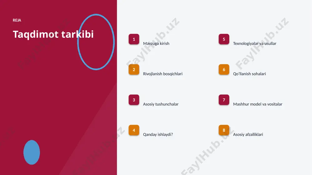 joriy etiladi. texnologiya texnologiyalar va usullar ▪ open-source modellar kirish toʻsigʻini pasaytiradi. ▪ neyron tarmoq va qatlam optimallashtirilgan algoritmlar bilan ishlanadi. ▪ tayyor kutubxonalar (tensorflow, pytorch) ishlab chiqishni tezlashtiradi. ▪ bulutli platformalar masshtablash va tez joriy etishni taʼminlaydi. ▪ zamonaviy chuqur oʻrganish usullari aniqlikni sezilarli oshiradi. amaliyot qoʻllanish sohalari ▪ tasvirni tanish — eng keng tarqalgan amaliy yoʻnalishlardan biri. ▪ nutq sintezi jarayonlarni tezlashtiradi va xatolarni kamaytiradi. ▪ tabiiy til yangi qiymat va xizmatlar yaratadi. ▪ generativ modellar resurslardan oqilona foydalanishga yordam beradi. ▪ musiqa sohasida bu texnologiya raqobat ustunligini taʼminlaydi. modellar mashhur model va vositalar ▪ gpt oilasi — matn generatsiyasi va suhbat agentlari. ▪ bert — matnni chuqur tushunish va tasniflash. ▪ stable diffusion — matndan rasm yaratish. ▪ tensorflow va pytorch — ishlab chiqish freymvorklari. ▪ hugging face — ochiq modellar ekotizimi. 02 natijalar va istiqbol afzalliklar, muammolar, statistika va kelajak afzallik asosiy afzalliklari 39% samaradorlik oshishi …