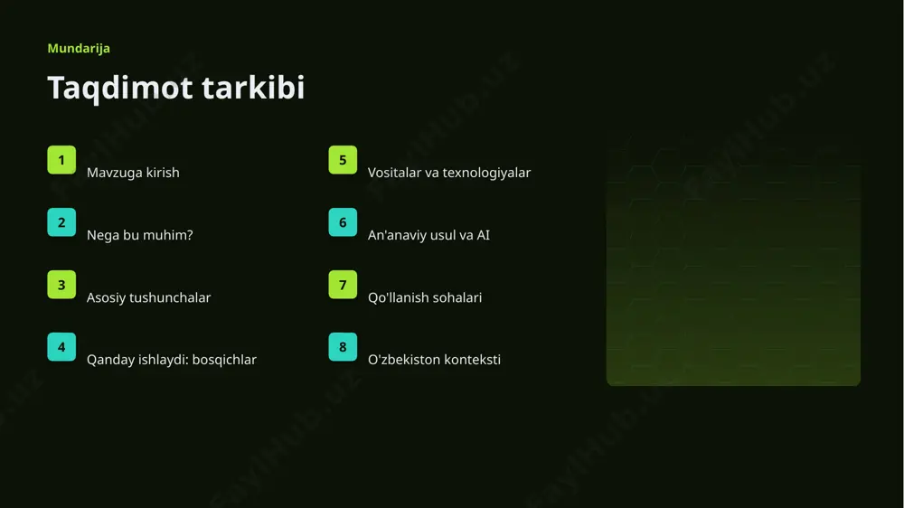 gan bo'lishi kerak. ▹ inson nazorati muhim qarorlarda saqlanadi. ▹ standart va qoidalarga rioya etiladi. afzallik asosiy afzalliklari 41% samaradorlik o'sishi 50% xarajat kamayishi 95% aniqlik darajasi muammo muammolar va cheklovlar texnik chaqiriqlar ▪ sifatli ma'lumot yetishmasligi ▪ yuqori hisoblash xarajati ▪ modelni izohlash qiyinligi ▪ xavfsizlik va barqarorlik tashkiliy chaqiriqlar ▪ kadrlar tanqisligi ▪ integratsiya murakkabligi ▪ etik va huquqiy masalalar ▪ moslashish zarurati bozor statistika va tendensiyalar ▹ global ai bozori yiliga ~32% o'smoqda. ▹ kompaniyalarning 82% joriy etishni rejalashtirgan. ▹ investitsiyalar rekord darajada ortmoqda. ▹ arxeologiya sohada talab tez oʻsmoqda. ▹ ai ko'nikmalariga ehtiyoj yuqori. kelajak kelajak istiqbollari ▹ agentlik va multimodal tizimlar keng tarqaladi. ▹ modellar samaradorligi va tejamkorligi oshadi. ▹ mahalliy va shaxsiylashtirilgan yechimlar ko'payadi. ▹ inson-ai hamkorligi chuqurlashadi. ▹ regulyatsiya va standartlar shakllanadi. xulosa xulosa va tavsiyalar ▹ arxeologiya uchun automl: amaliy yechimlar — strategik ahamiyatga ega yo'nalish. ▹ ma'lumot sifati va etika muvaffaqiyat …
