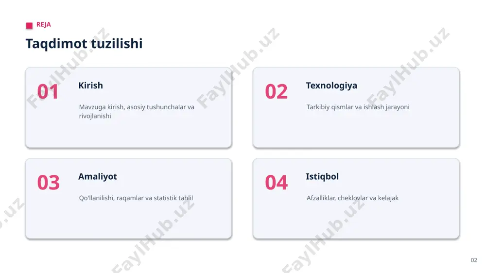 lar faoliyatini tahlil qilish ▪ jarohat xavfini bashorat qilish ▪ raqib strategiyasini tahlil ▪ mashg'ulotlarni shaxsiylashtirish ▪ real vaqt o'yin statistikasi ▪ tomoshabin tajribasini boyitish 11 ko'rsatkichlar asosiy raqamlar 30% jarohatlar kamayishi 20% samaradorlik o'sdi real vaqt tahlil va qaror 100% raqamli kelajak sari 12 tahlil statistik tahlil asosiy xulosalar ▪ yangi xizmat va imkoniyatlar yaratish ▪ takrorlanuvchi vazifalarni avtomatlashtirish ▪ aniqroq va tezroq qarorlar qabul qilish 13 04 istiqbol 14 afzalliklar asosiy afzalliklar + operatsion samaradorlikni sezilarli oshirish + xavf va xatolarni kamaytirish + takrorlanuvchi vazifalarni avtomatlashtirish + xarajatlarni optimallashtirish + mijoz va foydalanuvchi tajribasini yaxshilash + aniqroq va tezroq qarorlar qabul qilish 15 istiqbol kelajak istiqbollari ▪ real vaqtdagi qarorlarning kengayishi ▪ yanada aniq va avtonom tizimlar ▪ inson va ai hamkorligining kuchayishi ▪ sohaga keng va chuqur integratsiya ▪ arzon va qulay yechimlarning tarqalishi 16 mas'uliyat etika va mas'uliyatli yondashuv ▪ shaffoflik va izohlanuvchanlik ▪ maxfiylik va …