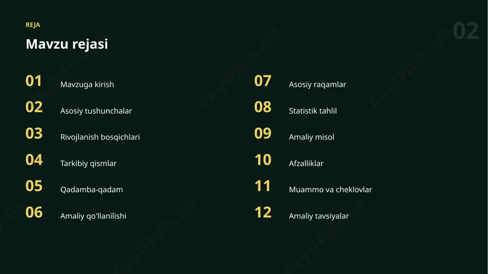 ar to'plamida o'qitib, modelni aniq vazifa yoki sohaga moslashtiradi va aniqligini oshiradi. 12 afzalliklar asosiy afzalliklar ✓ xatolarni kamaytiradi ✓ vaqtni sezilarli tejaydi ✓ ijod va g'oyalarni boyitadi ✓ o'rganishni tezlashtiradi ✓ mahsuldorlikni oshiradi 13 cheklovlar muammo va cheklovlar 01 etika va mualliflik masalalari 02 ko'nikma va tajriba talabi 03 haddan tashqari ishonish xavfi 04 ma'lumot sifatiga bog'liqlik 05 natijani tekshirish zarurati 06 cheklovlarni bilmaslik 14 tavsiyalar amaliy tavsiyalar 01 natijani har doim tekshiring 02 misollar va kontekstdan foydalaning 03 maxfiylik va etikani unutmang 04 bosqichma-bosqich takomillashtiring 05 muntazam mashq qilib boring 15 mas'uliyat mas'uliyatli yondashuv ✓ shaffoflik va izohlanuvchanlik ✓ maxfiylik va xavfsizlik ✓ adolat va xolislik ✓ inson nazorati ✓ natijani tekshirish “ sun'iy intellekt — inson imkoniyatlarini kuchaytiruvchi hamkor. 17 istiqbol kelajak istiqbollari ▪ kundalik ishga chuqur integratsiya ▪ hamma uchun ochiqlik ▪ avtonom va aqlli yordamchilar ▪ mas'uliyatli va xavfsiz qo'llash ▪ shaxsiylashtirilgan yechimlar xulosa asosiy …