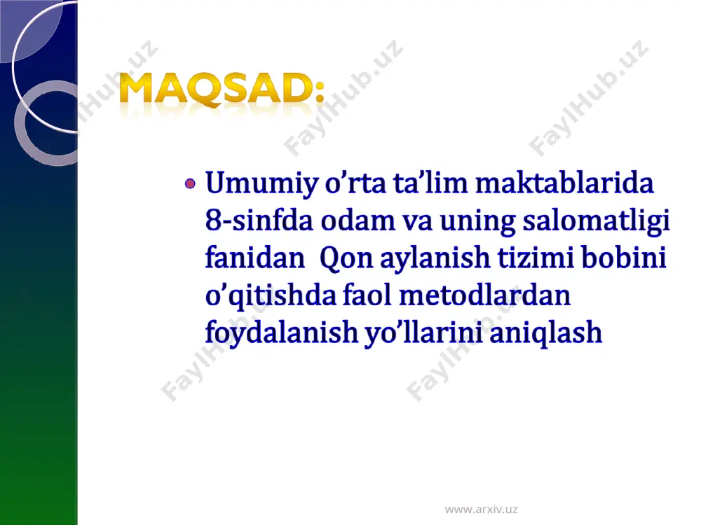 al etish bo‘yicha turli variantdagi echimni tavsiya etishga asoslangan bilish jarayonida o‘kuvchilarning hamkorligi har bir o‘quvchiga, guruh muvaffaqiyati uchun o‘z ulushini qo‘shishga, ular o‘rtasida fikr, axborot va tajriba almashinuviga zamin tayyorlaydi. ushbu hamkorlik samimiy, qulay ijtimoiy psixologik, o‘zaro yordam muhitida sodir bo‘lganligi uchun, o‘quvchilar nafaqat yangi bilimlarni o‘zlashtiradilar, balki o‘zining bilish faoliyatlarini rivojlantiradi, uni yuqori darajaga ko‘tarib, hamkorlikka kirishishga imkon beradi. www.arxiv.uz www.arxiv.uz interfaol o‘qitishning asosiy mohiyati interfaol o‘qitishning asosiy mohiyati – o‘qitish jarayonida barcha o‘quvchilar bilish jarayonining faol ishtirokchisiga aylanadi, ular muhokama etilayotgan muammolarni, voqea va hodisalarning rivojini tushunadi, muammoli vaziyatlarni anglaydi, uni hal etish yo‘llarini izlab, eng maqbul variantni tavsiya etadi. www.arxiv.uz www.arxiv.uz faol metodlar muammoli vaziyatlarni vujudga keltirib, o‘quvchilarning kichik guruhlarida hamkorlikda ishlab, muammoni hal etish, murakkab savollarga javob topish jarayonida alohida ob’ekt, hodisa va qonunlarni tahlil qilish ko‘nikmalari va bilimlarni faollashtirishga asoslangan faol bilish faoliyatini taqozo etadi. muammoli izlanish metodlari dars davomida izchil va maqsadga yo‘naltirilgan …