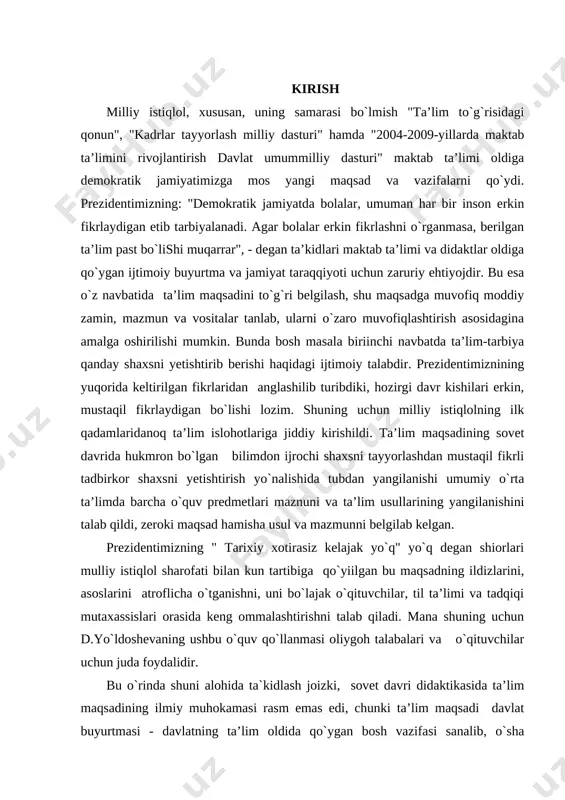 `tganishni, uni bo`lajak o`qituvchilar, til ta’limi va tadqiqi mutaxassislari orasida keng ommalashtirishni talab qiladi. mana shuning uchun d.yo`ldoshevaning ushbu o`quv qo`llanmasi oliygoh talabalari va o`qituvchilar uchun juda foydalidir. bu o`rinda shuni alohida ta`kidlash joizki, sovet davri didaktikasida ta’lim maqsadining ilmiy muhokamasi rasm emas edi, chunki ta’lim maqsadi davlat buyurtmasi - davlatning ta’lim oldida qo`ygan bosh vazifasi sanalib, o`sha davrlarda uni muhokama qilinishi, xususan, milliy respublikalarda mutlaqo mumkin emas edi. shuning uchun mustaqillik havosida yayrab nafas olayotgan va dunyo iqtisodiy, ilmiy-madaniy hamjamiyatiga o`zining mustaqil taraqqiyot yo`li asosida shahdam qadamlar bilan kirib borayotgan o`lkamizdagi har bir masala tog`risida, prezidentimizning "yuksak ma`naviyat - yengilmas kuch"asarlarida bayon etgan quyidagi fikrlari ta’lim maqsadiga ham to`la-to`kis aloqadordir: "agar biz… bu o`ta muhim ishni o`z holiga, o`zibo`larchilikka tashlab qo`yadigan bo`lsak, muqaddas qadriyatlarimizga yo`g`rilgan va ulardan oziqlanadigan ma`naviyatimizdan, tarixiy xotiramizdan ayrilib, oxir-oqibatda o`zimiz intilgan umumbashariy taraqqiyot yo`lidan chetga chiqib qolishimiz mumkin. el-yurtimiz ko`p asrlik tarixi davomida bunday mash’um …