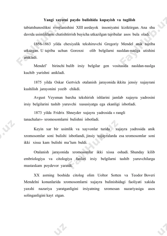 n olgan. unda irsiy belgilarni taksimlanishi urganilgan. morgan irsiy belgilari taksimlanishni urganib, bir-biri bilan boglik bulgan 4 guruxni kuzatdi. uni genlarni tutashligi deb atadi. u anik genda anik xromosomlar bulishni anikladi. genlarni xromosomlarda bulishni xam morgan anikladi. u xar xil xromosomlarni genetik materiallarini uza’ro almashinuvini anikladi. ana shu almashinuv krossingover deb ataladi. tajribalar natijalari genetik xarita tuzish imkoniyatini yaratgan. krossingoverni foiz xisobini topish yuli bilan xromosomlardagi genlar orasidagi nisbiy melofani aniklash imkoniyati topildi. morgan tajribasida mutaciyaning juda xam pastlik tempasi kuzatilgan. gen xakidagi koncepsiyani rivojlanishi natijasida- irrsiy informaciyani tashib yuruvchi mutaciyani asosini moddalarning kimyoviy tarkibini uzgartirish tashkil etadi. mutaciyani yuzaga kelishi sababini morgan shogirdi g.dj. meller tekshirib, rentgen nurlarigacha etib boradi. u drozofillni radiacion mutaciyasi 100% gacha bulishini anikladi. radiaciya ta’sirida mutaciya tabiiy sharoitga nisbatan ming marta tez bulishini anikladi. ushbu usul selekciyada juda xam tezlikda uz urnini topdi. l.stedler 1928 yilda sun’iy mutaciyani makkajuxorida kullab juda katta galabaga erishdi. …