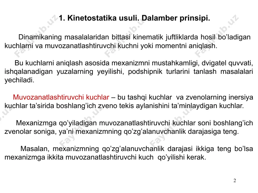 rni muvozanatini o’rganib chiqamiz 7 3 zveno, ya’ni b polzun muvozanati kuchlar ko’pburchakdan no’malum kuchlarni aniqlaymiz, bu kuchlar ko’pburchakdan reaktsiya kuchlari teskari yo’nalganligi ko’rinib turibdi 8 2 zveno, ya’ni ab shatunning muvozanati a b kuchlar ko’pburchakdan no’malum kuchlarni aniqlaymiz, bu kuchlar ko’pburchakdan reaktsiya kuchi teskari yo’nalganligi ko’rinib turibdi 9 3 zveno, ya’ni oa krivoshipning muvozanati o a kuchlar ko’pburchakdan no’malum kuchlarni aniqlaymiz, bu kuchlar ko’pburchak-dan reaktsiya kuchi teskari yo’nal-ganligi ko’rinib turibdi 10 o a b ωoa εba (s) qo’zg’almas zveno (stoyka) va harakatlanuvchi zvenolar orasida hosil bo’ladigan tashqi reaksiya kuchlarni qo’yamiz.: qozg’lmas o sharnirda hosil bo’ladigan reaksiya kuchni ikkita tashkil etuvchiga ajratamiz: va polzunga ta’sir qiladigan reaksiya kuchi yo’naltiruvchilarga tik yo’nalgan. 5. kpm reaksiya kuchlarini va muvozanatlashtiruvchi momentni analitik usulida aniqlash. 11 o a b ωoa εba (s) bog’lanishlar o’rniga reaksiya kuchlarini qo’yib, mexanizm erkin holatga keltirildi deb hisoblash mumkin. mexanizm zvenolariga inersiya kuchlarini qo’yib, mexanizm “muvozanat” holatga keltirildi deb …