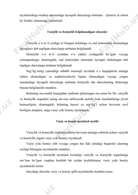 arajada bajarmaganliklari yoki o`z huquqlarini suiste`mol qilganliklari uchun vasiylik yoki homiylik vazifalaridan chetlatilganlar; qasddan sodir etgan jinoyati uchun ilgari hukm qilinganlar. vasiylik quyidagi hollarda tugaydi: vasiy yoki vasiylikdan shaxs vafot etganda; voyaga yetmaganlarga nisbatan – ular o`n to`rt yoshga to`lganda yoki ular ota-onasi tarbiyasiga qaytarilganda; qonunda belgilangan tartibda muomalaga layoqatsiz deb topilganlar uchun – ularning muomala layoqati sud tomonidan taqiqlangan taqdirda tugaydi. voyaga yetmagan bola o`n to`rt yoshga to`lganligi sababli vasiylik tugaganida vasiy vazifasini bajaruvchi shaxs maxsus tayinlanmasdan voyaga yetmagan shaxsning homiysi bo`lib qoladi. homiylik quyidagi hollarda tugaydi: homiy yoki homiylikdagi shaxs vafot etganida; homiylikdagi shaxs voyaga yetganda; homiylikdagi shaxs ota-onasiga qaytarilganida; homiylikdagi shaxs nikohga kirganda; voyaga yetmagan shaxs to`la muomalaga layoqatli deb e`lon qilinganda (emansipatsiya); fuqaroning muomala layoqatini cheklash haqidagi sudning hal qiluv qarori bekor qilinganda; homiylikdagi voyaga yetgan shaxsning sog`lig`i yaxshilanganligi tufayli u mustaqil ravishda o`z huquqlarini amalga oshirish va majburiyatlarini bajarish imkoniyatiga ega bo`lganda tugaydi. bolalarni oilaga …