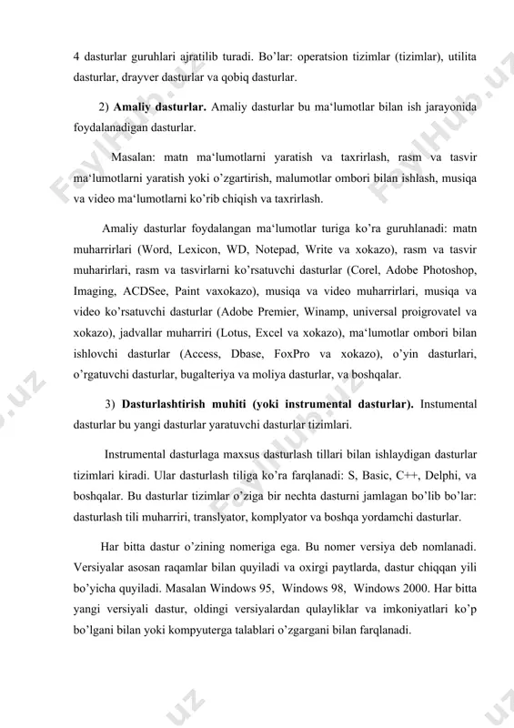 otirasiga yuklanadi. operatsion tizim foydalanuvchiga kompyuter qurilmalari bilan qulay muloqot usulini ta‘minlaydi. operatsion tizimlar dasturlar guruhi juda katta ahamiyatga ega. bu dasturlar kompyuter ishini boshqaradi, har xil dasturlarni kompyuter xotirasiga yukaydi va bajaradi, fayllar, kataloglar va disklar ustidan har xil amallarni bajaradi. hamma dasturlar shu operatsion tizimli dasturning imkoniyatlaridan foydalanadi va shuning uchun hamma dasturlar faqat shu dastur orqali ishga tushadi. eng taniqli operatsion tizimlar: ms-dos va windows (microsoft korporatsiya) dunyodagi kompyuterlarning 75-80%, macintosh (apple firmasi) dunyodagi kompyuterlarning 5-10%, linux va unix dunyodagi kompyuterlarning 10-15%. ms-dos operatsion tizimi bilan biz keyin yaqinroq tanishamiz odatda shaxsiy kompyuterlarda microsoft corporation firmasi ishlab chiqqan ms dos, windows yoki ularning variantlari pc dos, compact dos yoki kompaniyalarning boshqa operatsion tizimlari o’rnatiladi. hozirgi kunda deyarli barcha kompyuterlarda windows tizimi o’rnatilmoqda. 3.utilitlar va drayverlar utilita-dasturlar bu operatsion tizimni imkoniyatlarini kuchaytiruvchi dasturlar. masalan: disklar ustidan har xil amallarni bajaruvchi dasturlar, kompyuter ishini tezlashtiruvchi dasturlar, ma’lumotlar xajmini o’zgaruvchi …